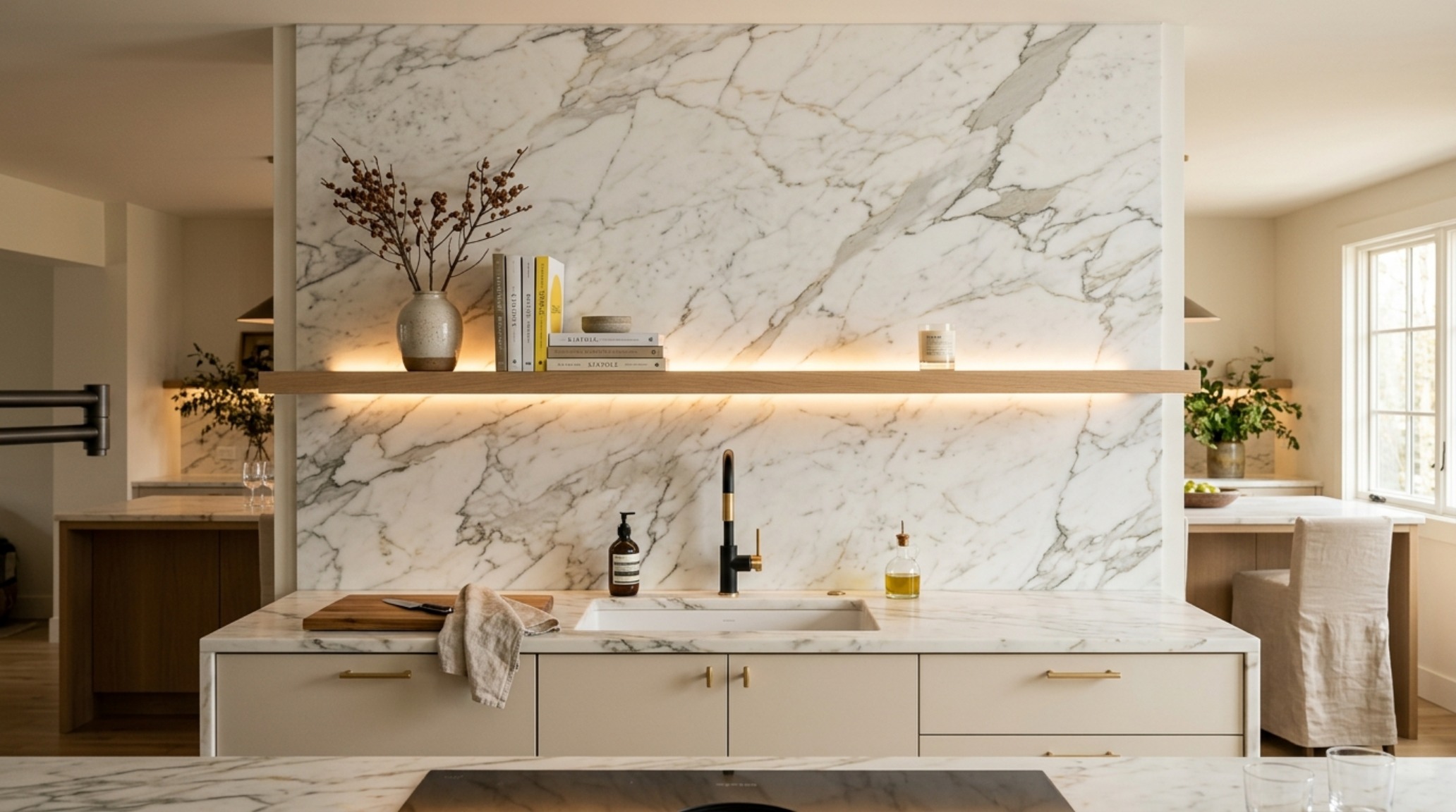 Modern kitchen backsplash ideas featuring a full-height honed Arabescato marble slab that extends from the countertop to the ceiling for a seamless vertical transition. Modern kitchen backsplash ideas featuring a full-height honed Arabescato marble slab that extends from the countertop to the ceiling for a seamless vertical transition.