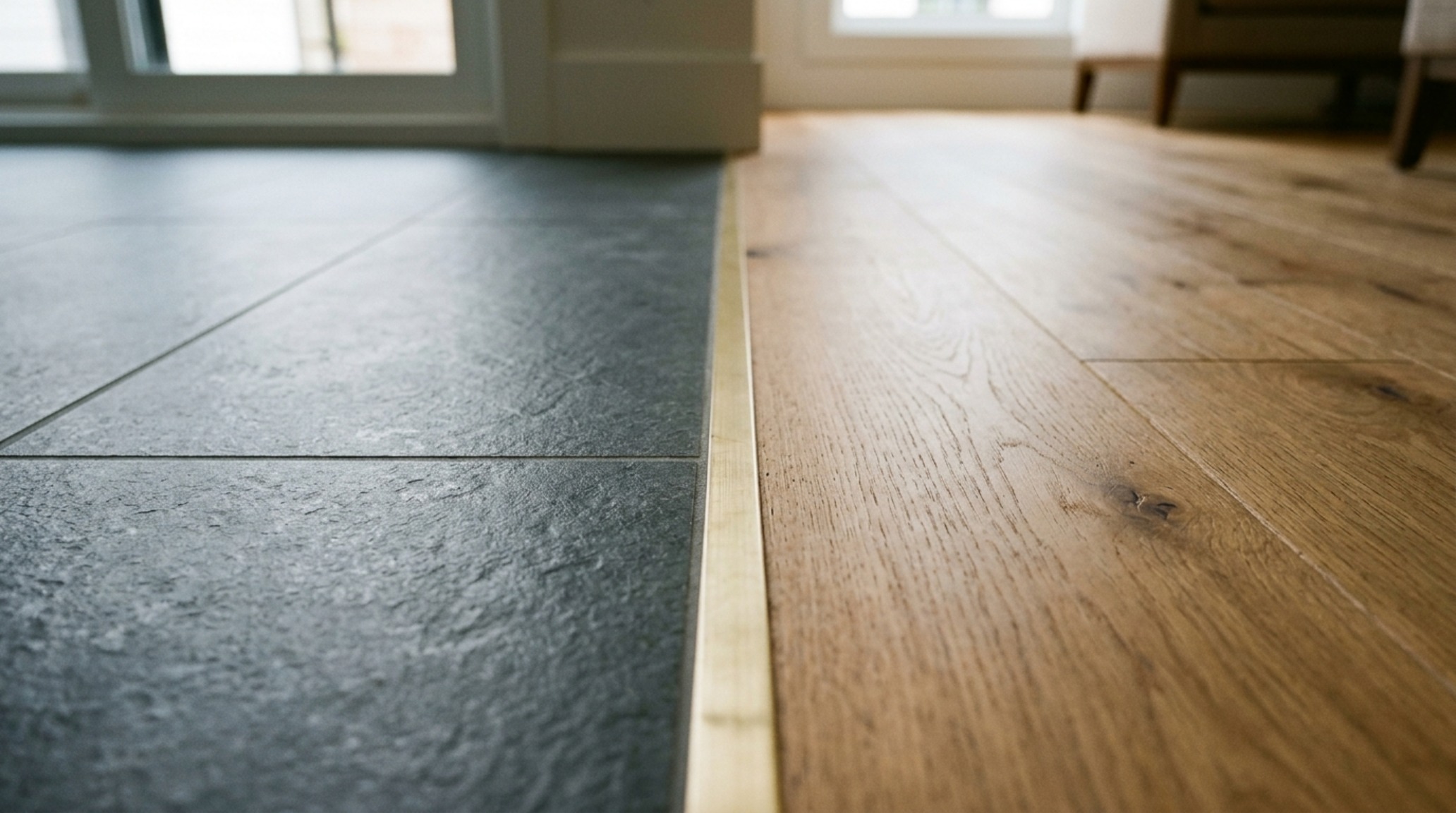 Transitioning kitchen tile to hardwood using a minimalist brass inlay, showing the flush elevation between charcoal porcelain slabs and natural white oak flooring in an open-concept layout. Transitioning kitchen tile to hardwood using a minimalist brass inlay, showing the flush elevation between charcoal porcelain slabs and natural white oak flooring in an open-concept layout.