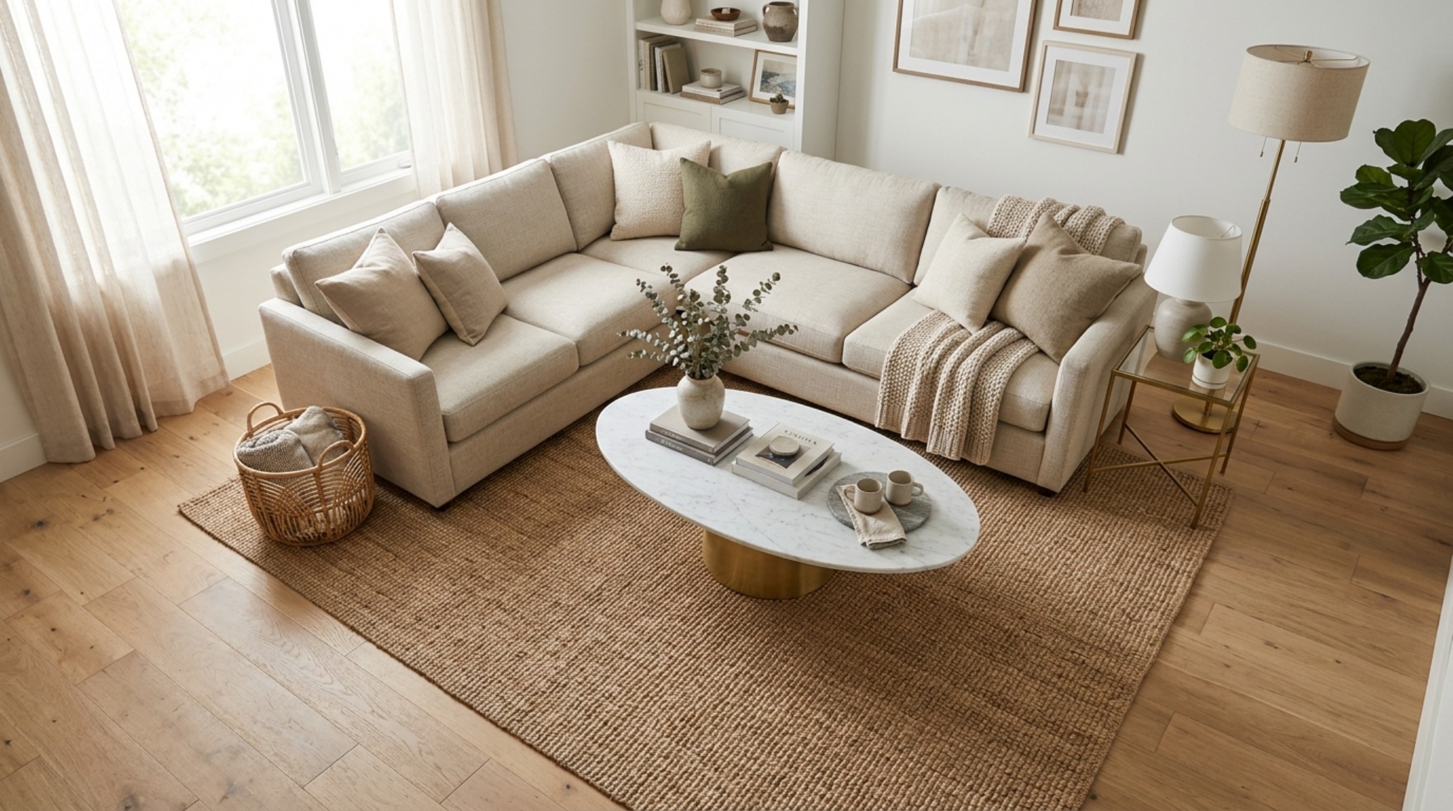 living room furniture arrangement showing a floating conversation cluster with a low-profile linen sectional and 18-inch coffee table clearance living room furniture arrangement showing a floating conversation cluster with a low-profile linen sectional and 18-inch coffee table clearance