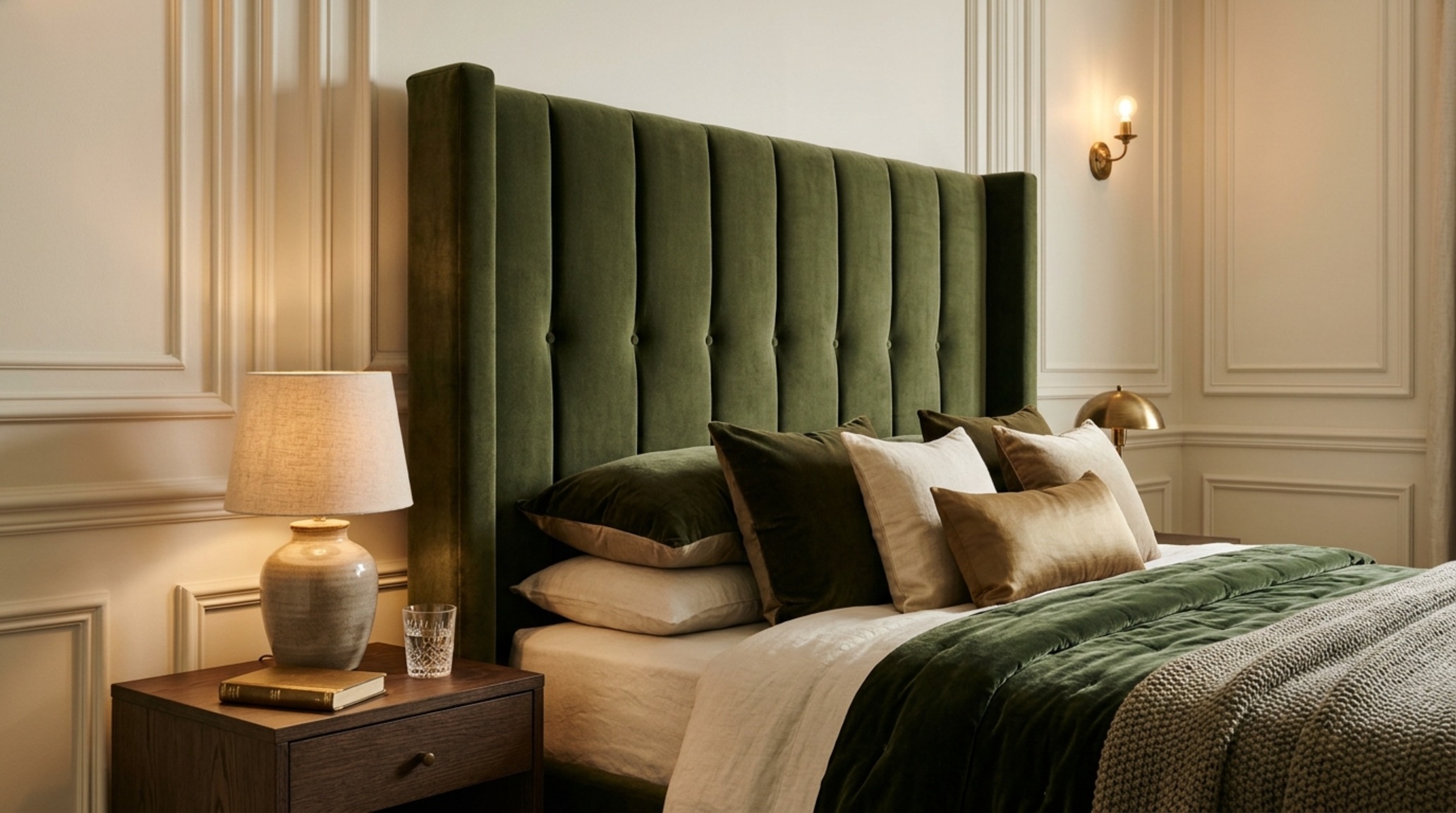 Bespoke bedroom furniture collections showcasing a floor-to-ceiling channeled headboard that aligns perfectly with architectural crown molding and vertical wall fluting.