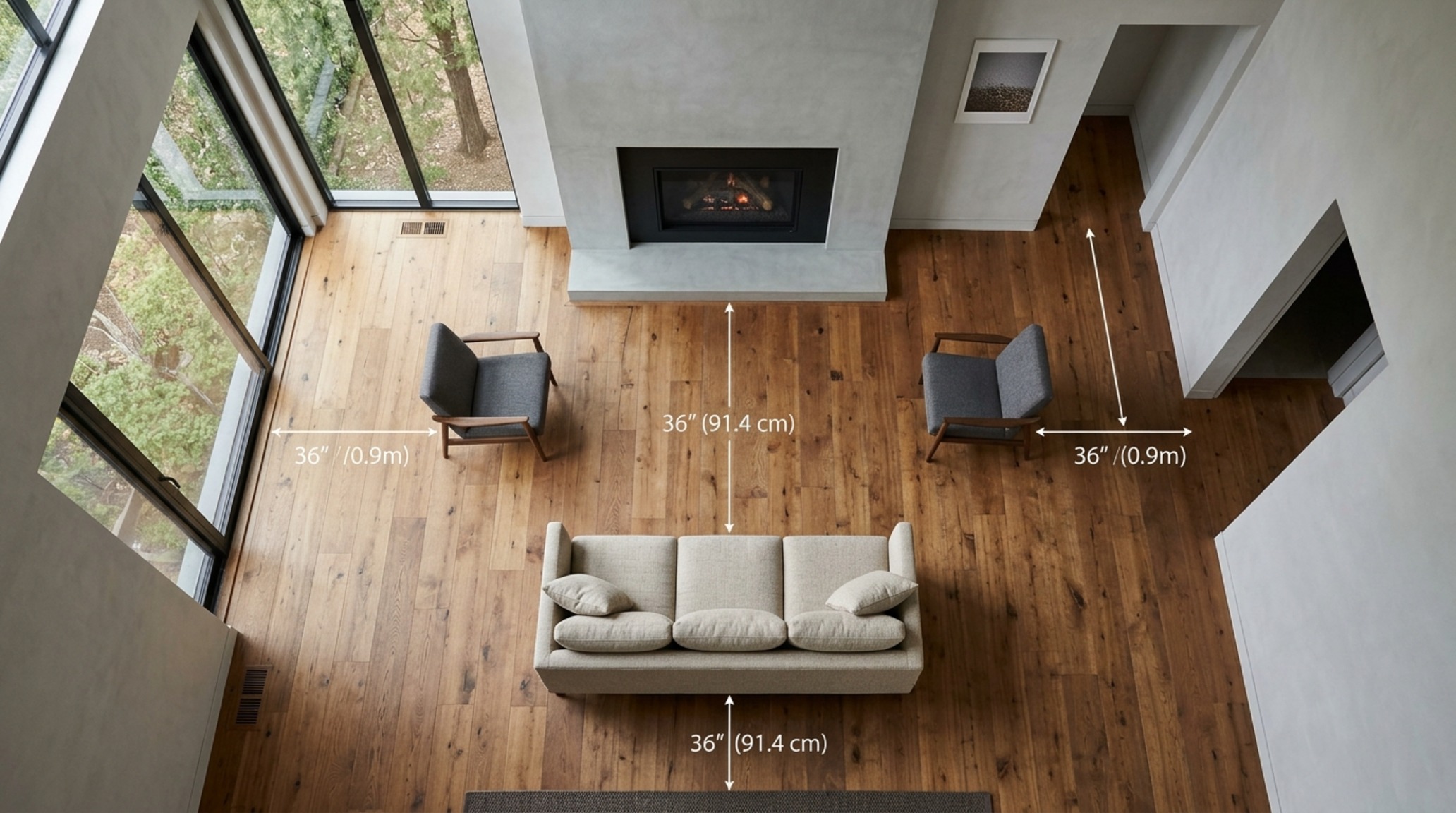 Modern furniture arrangement tips showcasing a floating sofa group centered around a fireplace with 36-inch clear walkways.