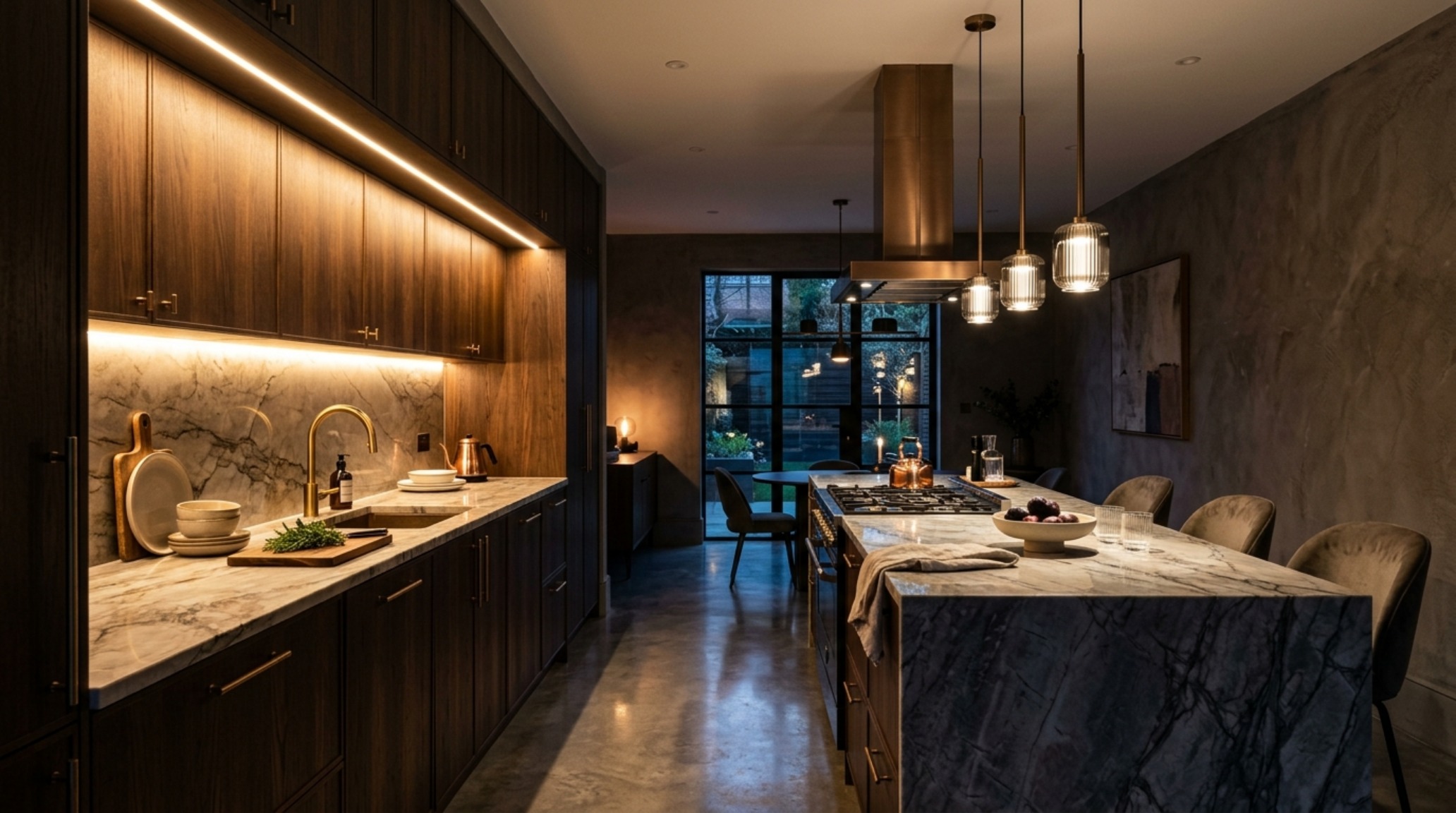 A sophisticated kitchen lighting study showing 2700K ambient glow and 3000K task lighting on a honed travertine backsplash. A sophisticated kitchen lighting study showing 2700K ambient glow and 3000K task lighting on a honed travertine backsplash.