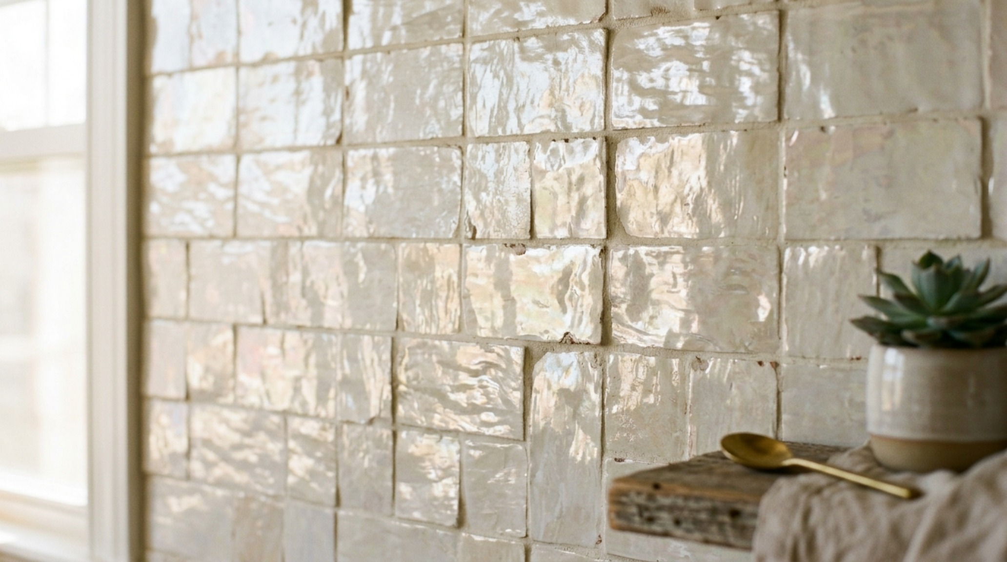 Zellige tile aesthetic backsplash in a soft pearlescent white, showing the natural hand-molded variations and light-reflecting qualities in a minimalist kitchen. Zellige tile aesthetic backsplash in a soft pearlescent white, showing the natural hand-molded variations and light-reflecting qualities in a minimalist kitchen.