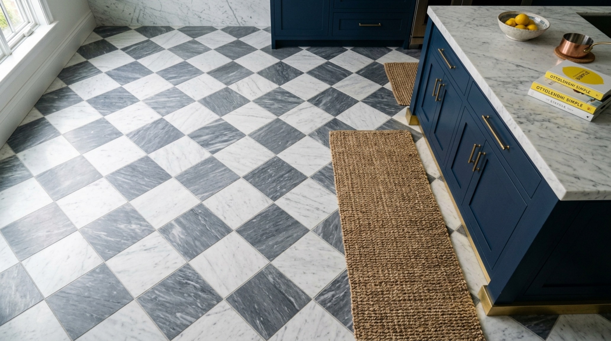 Checkerboard kitchen tile patterns featuring a tonal mix of Honed Carrara and Bardiglio grey marble, set at a 45-degree angle to enhance spatial rhythm in a classic modern kitchen. Checkerboard kitchen tile patterns featuring a tonal mix of Honed Carrara and Bardiglio grey marble, set at a 45-degree angle to enhance spatial rhythm in a classic modern kitchen.