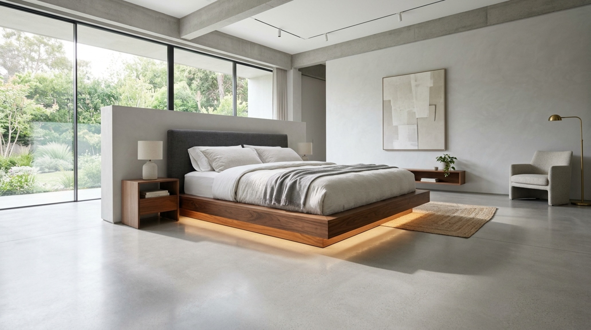 Modern designer bed frames with a cantilevered walnut base creating a floating effect to maximize visual floor space and circulation clearance.