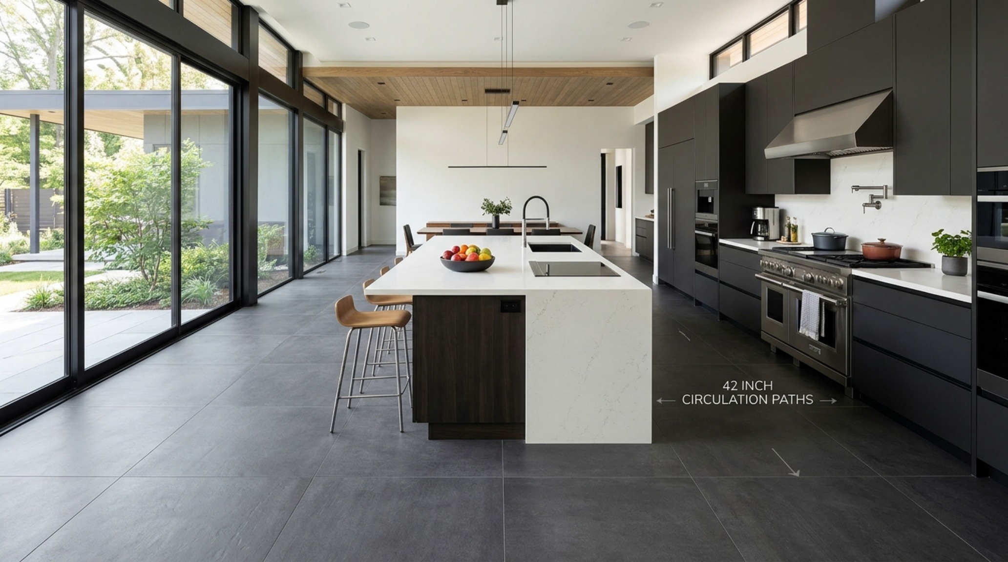 Best tile for high-traffic kitchens shown as large matte charcoal porcelain floor tiles with 42-inch wide work aisles for optimal movement. Best tile for high-traffic kitchens shown as large matte charcoal porcelain floor tiles with 42-inch wide work aisles for optimal movement.