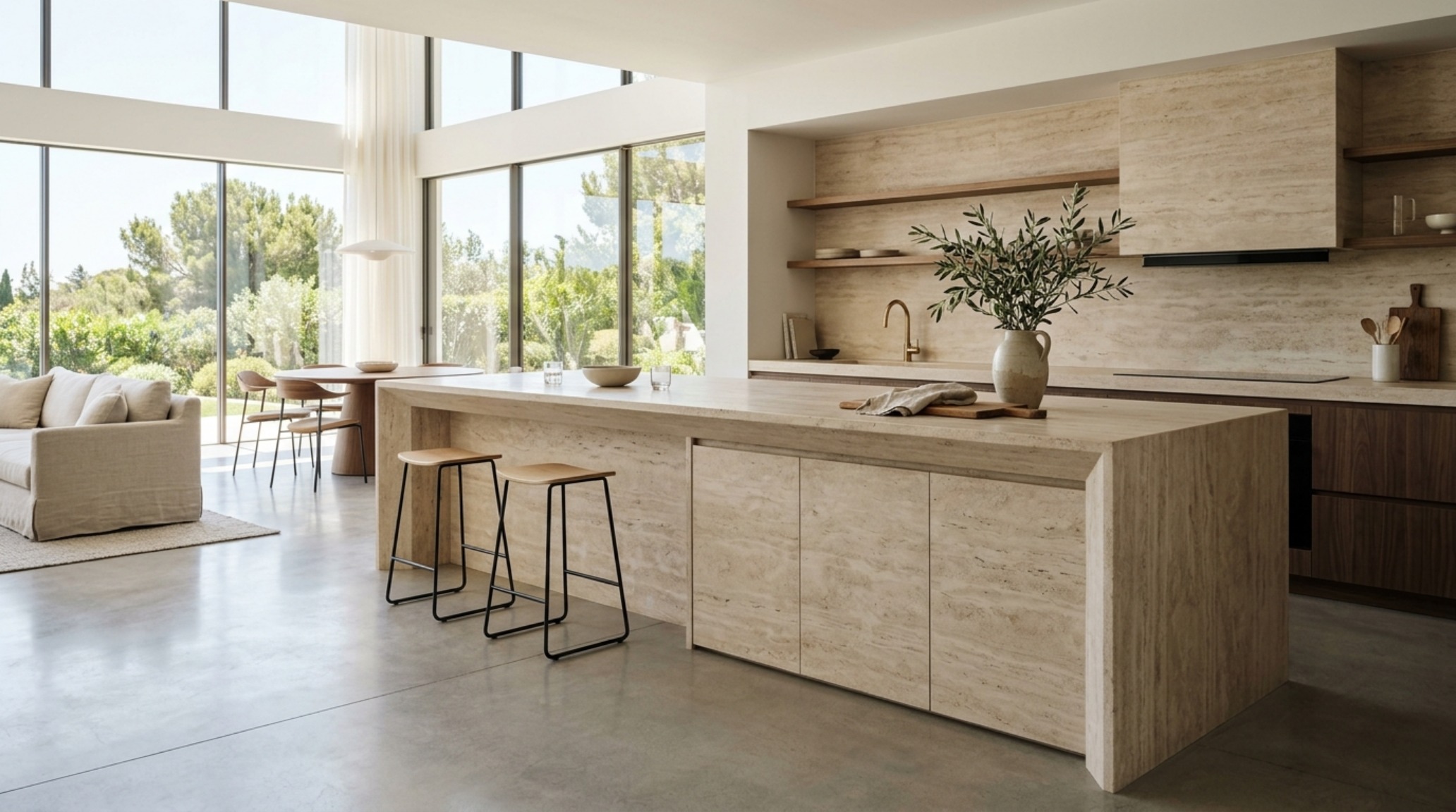 A monolithic kitchen island with waterfall marble edges, designed by an independent ikea kitchen designer for a seamless organic modern look. A monolithic kitchen island with waterfall marble edges, designed by an independent ikea kitchen designer for a seamless organic modern look.