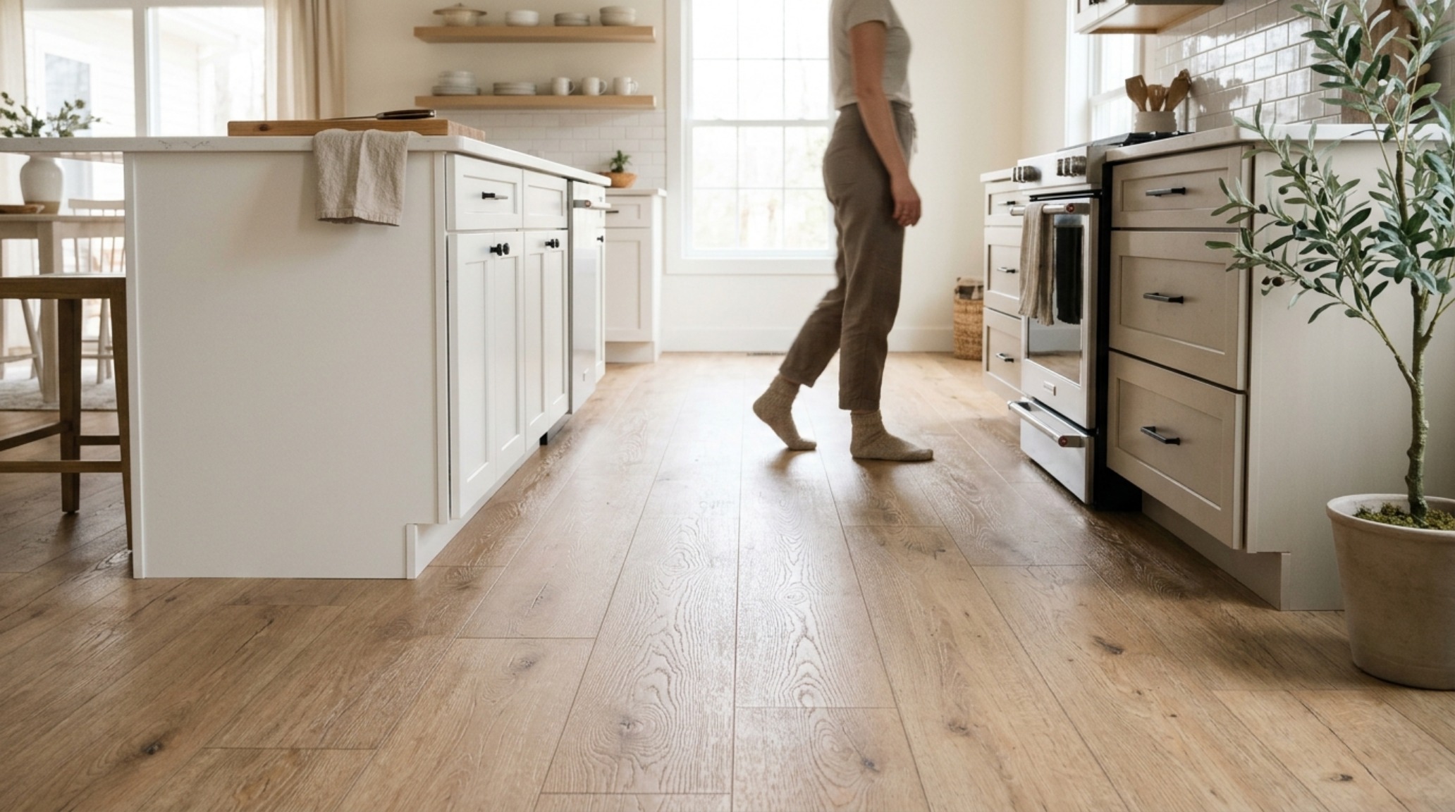 Slip-resistant kitchen flooring in a textured light oak porcelain plank, providing a warm tactile feel with high DCOF safety ratings. Slip-resistant kitchen flooring in a textured light oak porcelain plank, providing a warm tactile feel with high DCOF safety ratings.