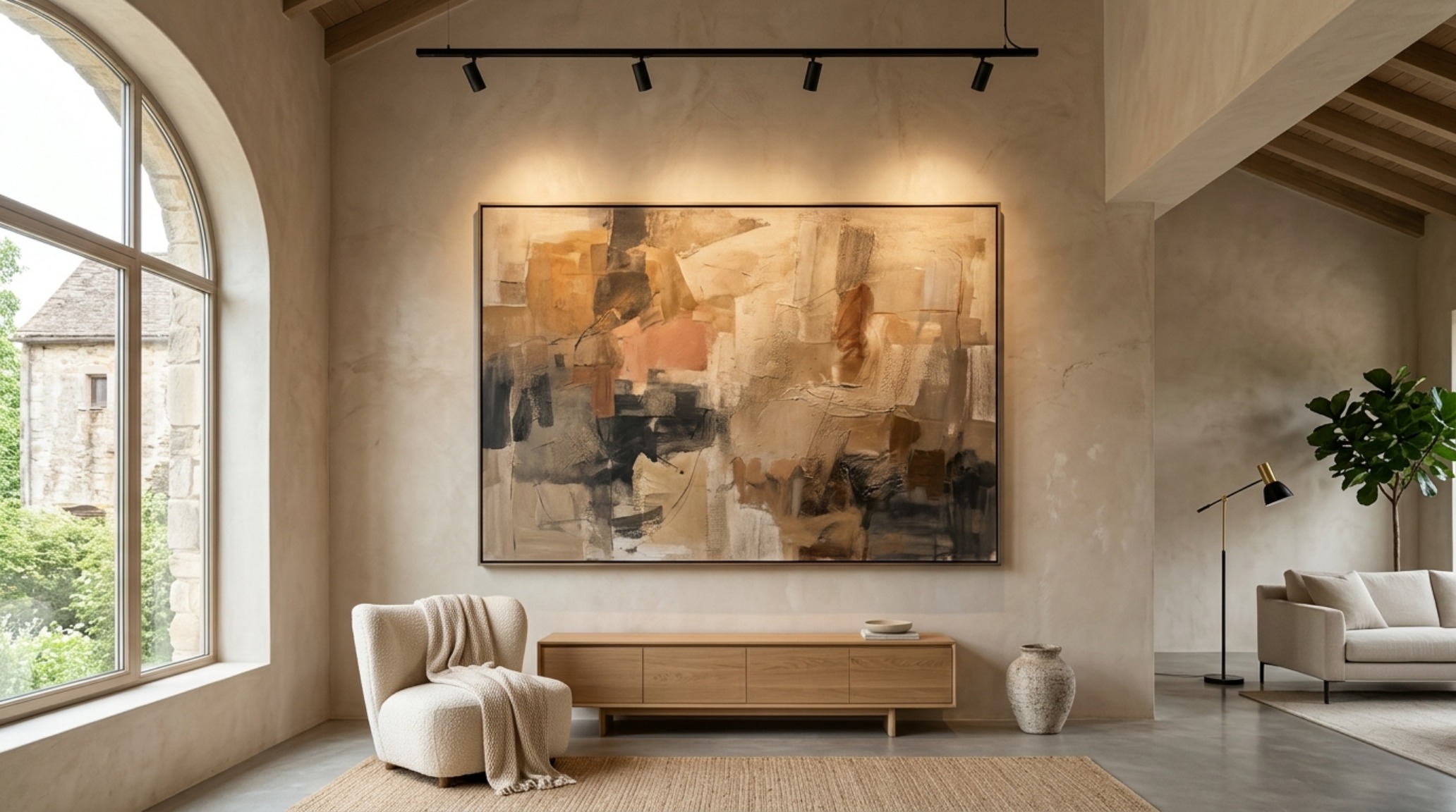 modern living room wall decor featuring a single oversized abstract canvas on a soft plaster wall painted in Benjamin Moore Swiss Coffee modern living room wall decor featuring a single oversized abstract canvas on a soft plaster wall painted in Benjamin Moore Swiss Coffee