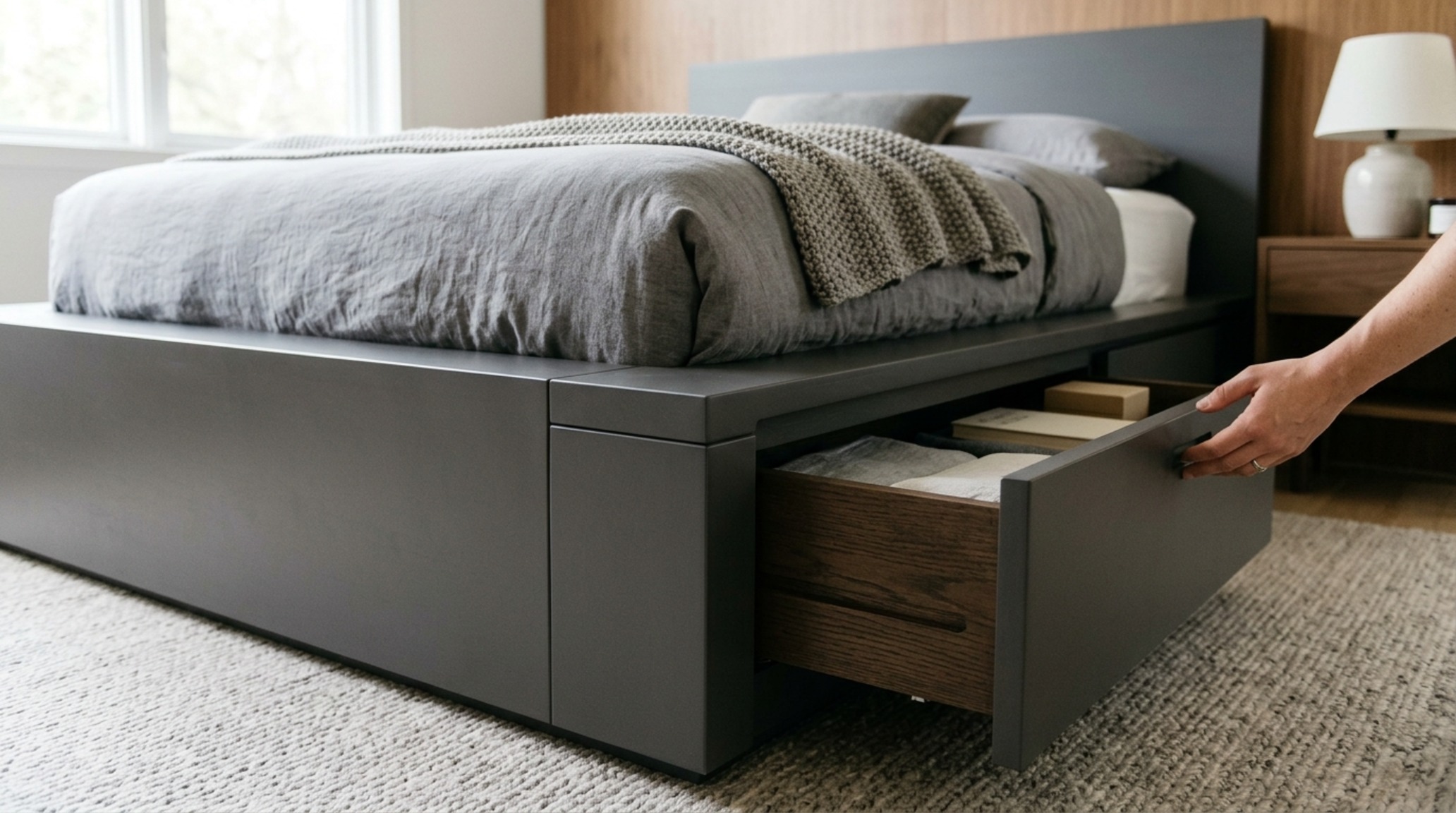 Contemporary storage bedroom sets featuring concealed soft-close drawers and integrated plinth bases for a clean, minimalist silhouette without visual clutter.
