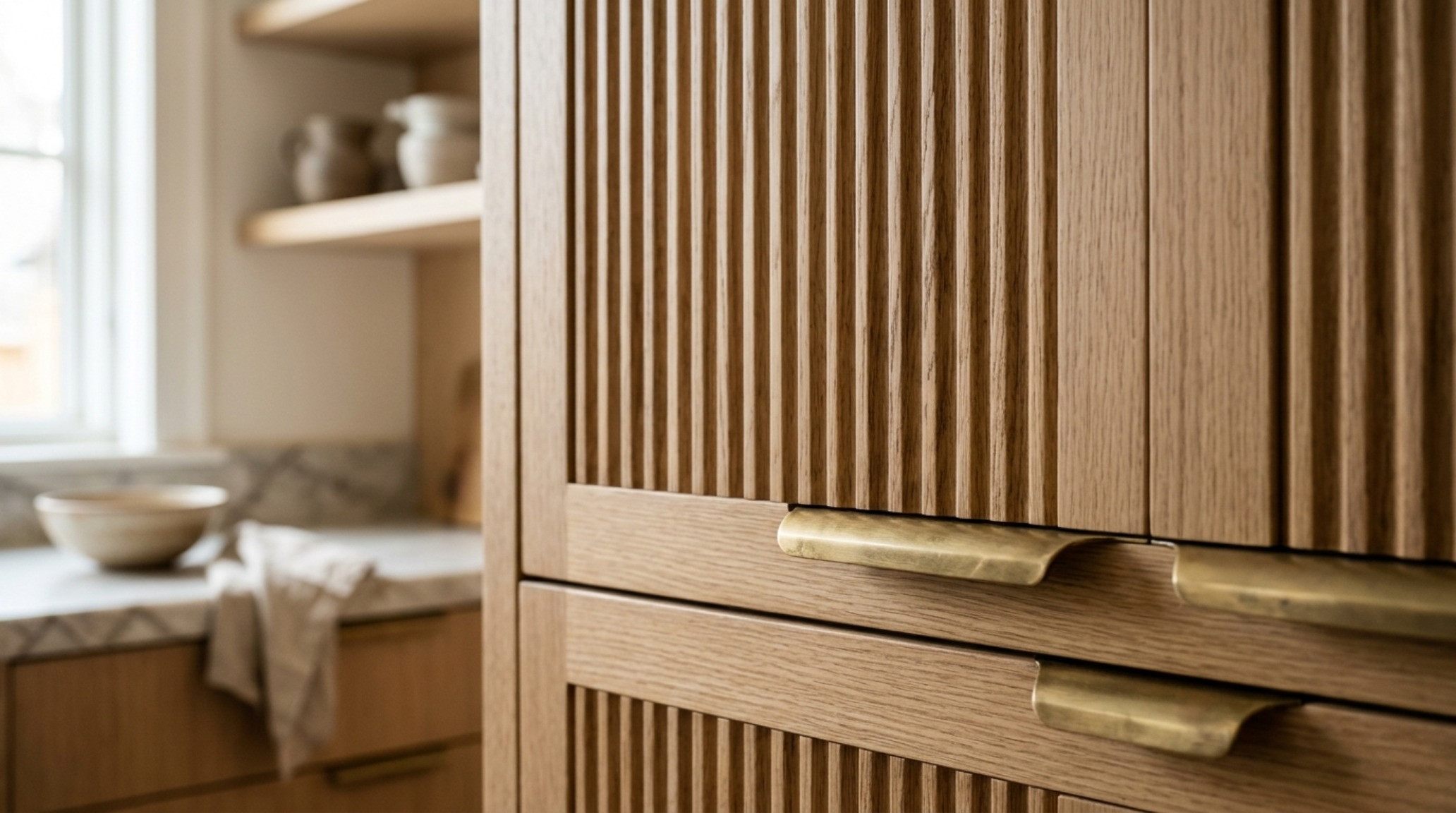 Detail of custom fluted white oak cabinet fronts on IKEA Sektion boxes with minimalist brushed brass pulls. Detail of custom fluted white oak cabinet fronts on IKEA Sektion boxes with minimalist brushed brass pulls.