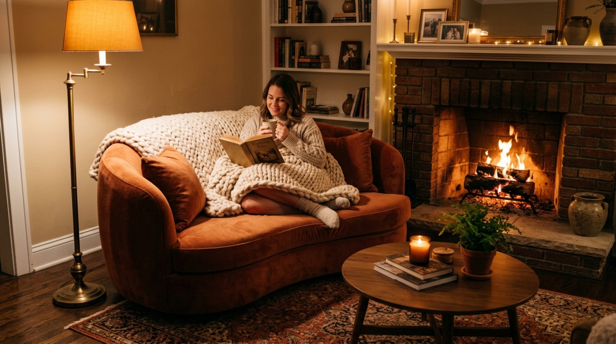 cozy living room inspiration with curved velvet armchairs, chunky wool textiles, and warm 2700K atmospheric lighting for tactile grounding cozy living room inspiration with curved velvet armchairs, chunky wool textiles, and warm 2700K atmospheric lighting for tactile grounding