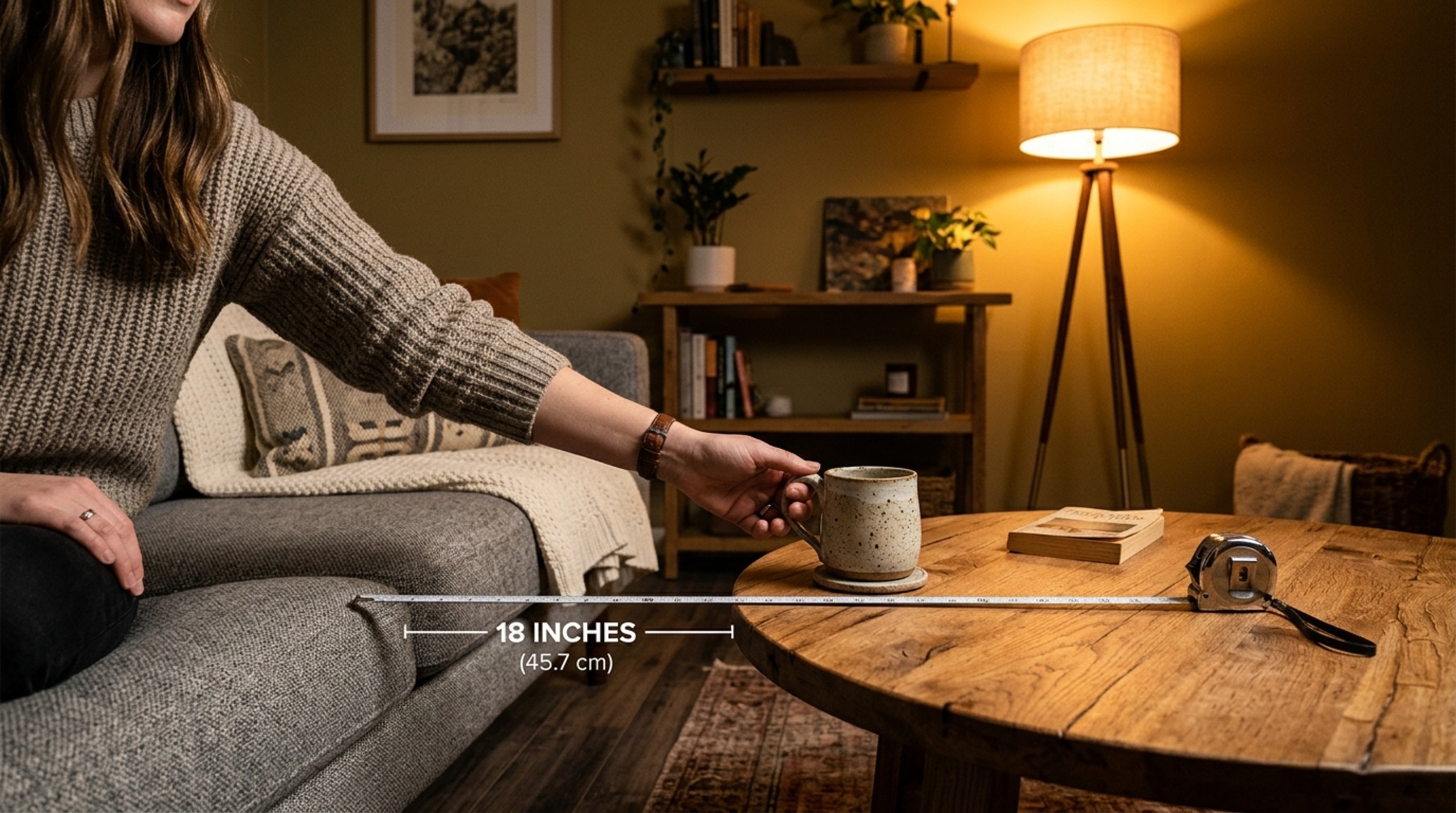 Residential living room ergonomics showing an 18-inch reach from a leather armchair to a honed stone coffee table in warm 2700K light.