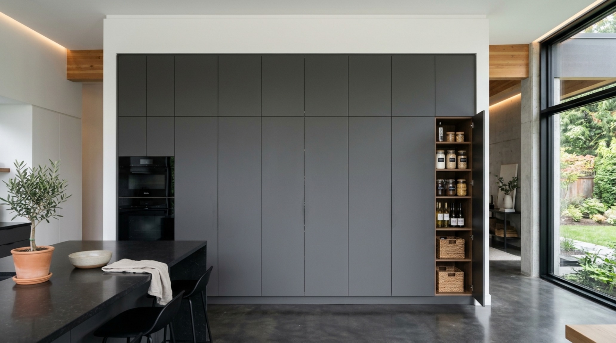 View of a floor-to-ceiling pantry wall integrated into a structural bulkhead for a custom-built architectural aesthetic. View of a floor-to-ceiling pantry wall integrated into a structural bulkhead for a custom-built architectural aesthetic.