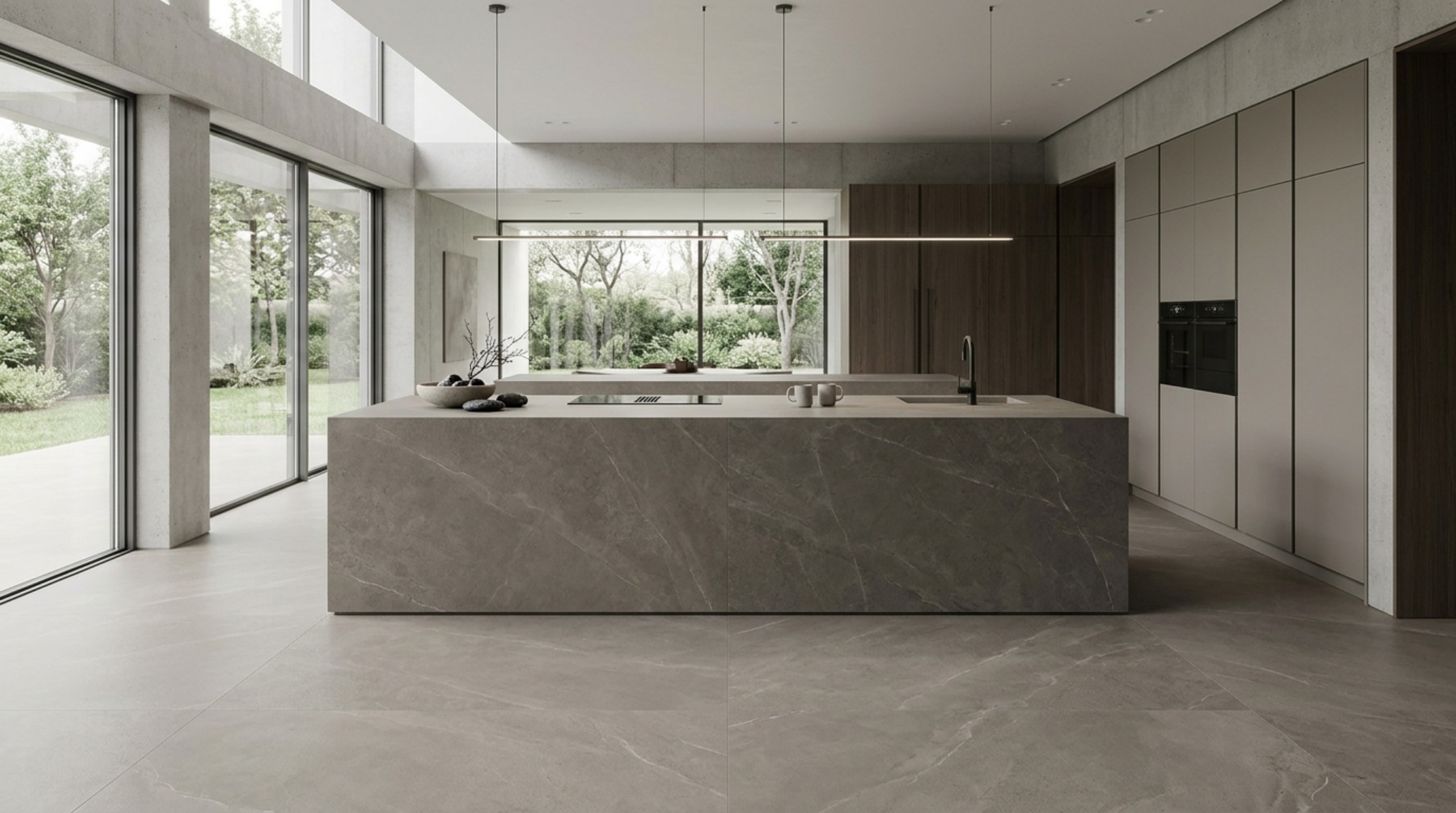 Large-format porcelain slabs utilized as a structural cladding for a floating kitchen shelf, integrated into a Venetian plaster wall. Large-format porcelain slabs utilized as a structural cladding for a floating kitchen shelf, integrated into a Venetian plaster wall.