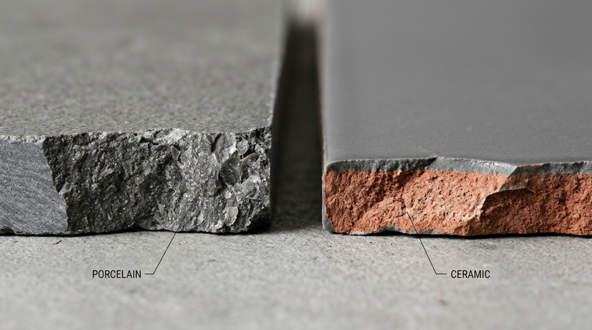 Durable porcelain vs ceramic floor tiles showcased through a close-up of a through-body porcelain edge, demonstrating its density and resilience for high-traffic zones. Durable porcelain vs ceramic floor tiles showcased through a close-up of a through-body porcelain edge, demonstrating its density and resilience for high-traffic zones.