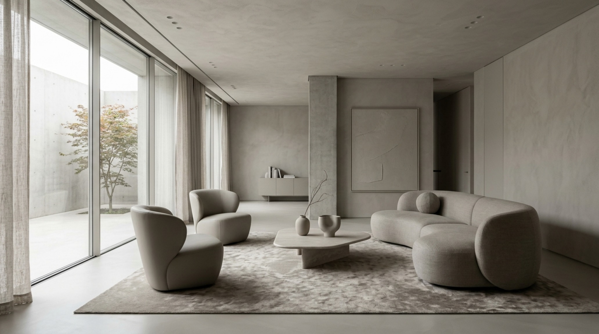 minimalist living room concepts emphasizing negative space with a single sculptural olive tree and monochromatic greige silk rug minimalist living room concepts emphasizing negative space with a single sculptural olive tree and monochromatic greige silk rug