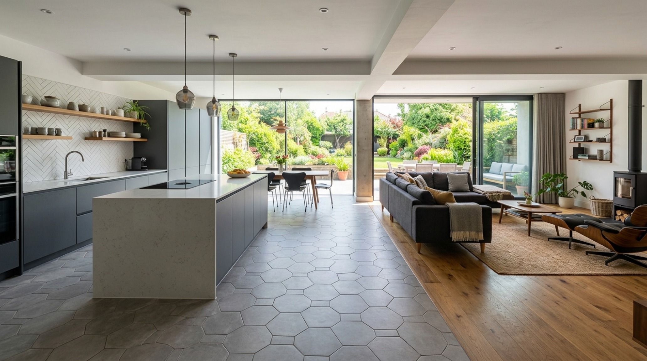 Modern grey kitchen tiles in a large-scale hexagonal format, creating a honeycomb architectural flow that bridges the gap between mid-century and contemporary styles. Modern grey kitchen tiles in a large-scale hexagonal format, creating a honeycomb architectural flow that bridges the gap between mid-century and contemporary styles.