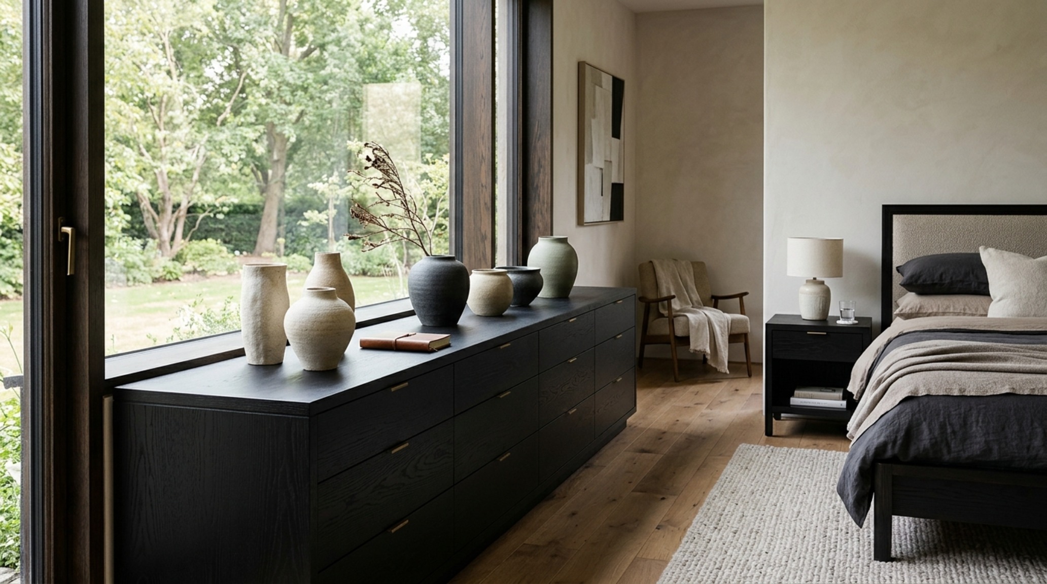 High-end bedroom furniture suites featuring a dark stained ash wood dresser that aligns with the horizontal sightlines of large-format windows.