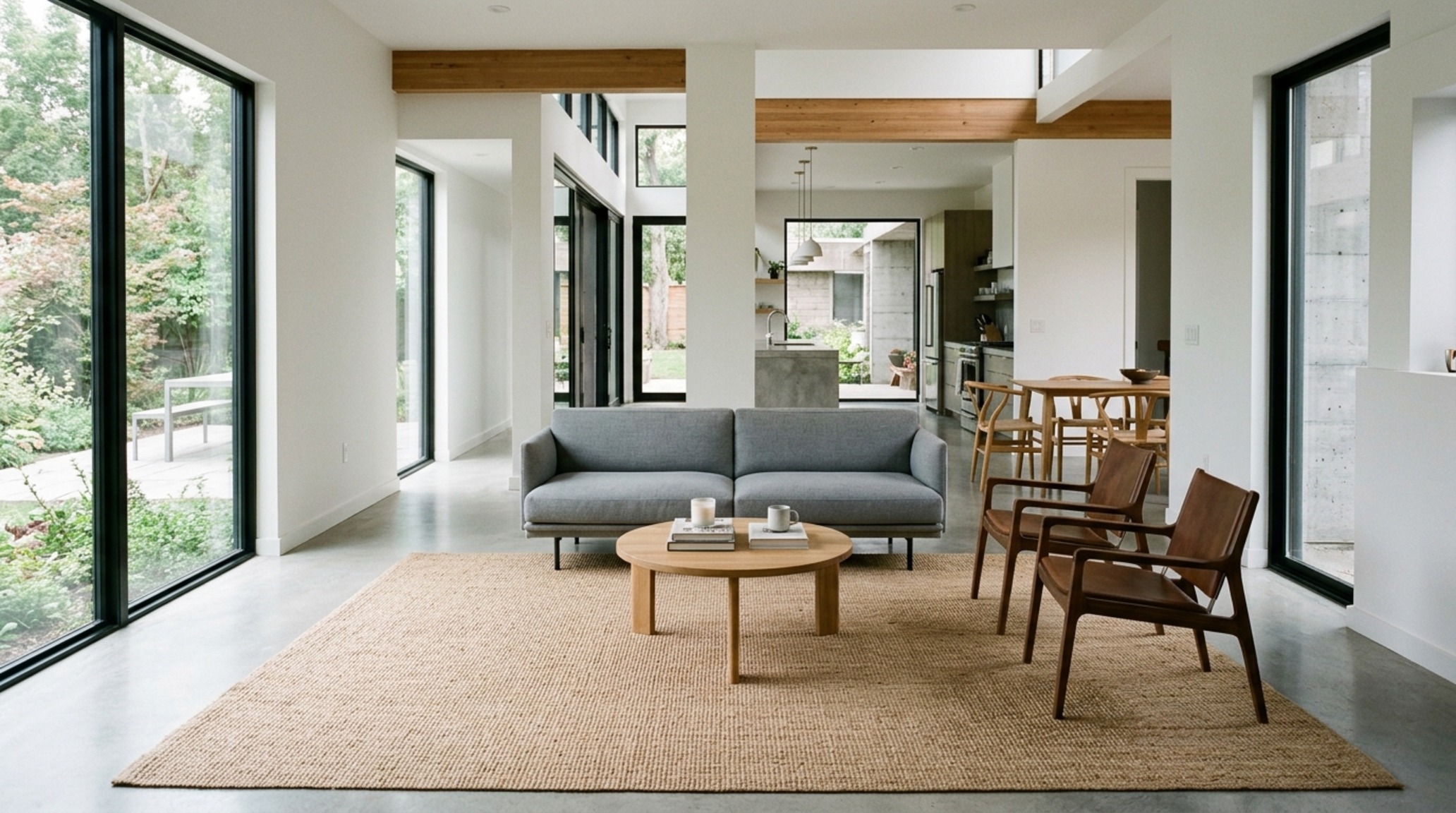 Modern furniture arrangement tips for an open-plan space using area rugs to define zones without interrupting the primary circulation halo.