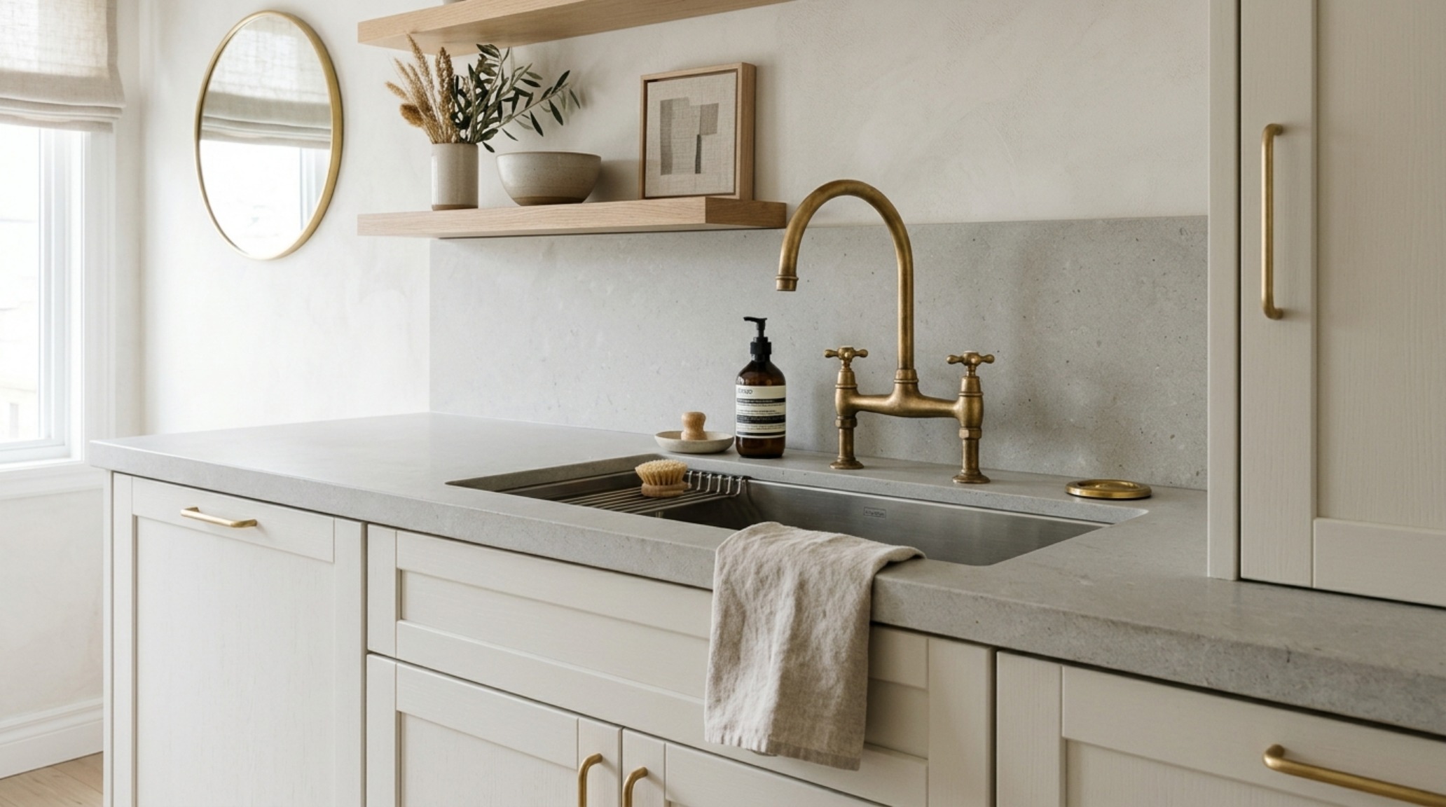 A modern kitchen sink area featuring a professional-grade unlacquered brass faucet and integrated Sektion storage solutions. A modern kitchen sink area featuring a professional-grade unlacquered brass faucet and integrated Sektion storage solutions.