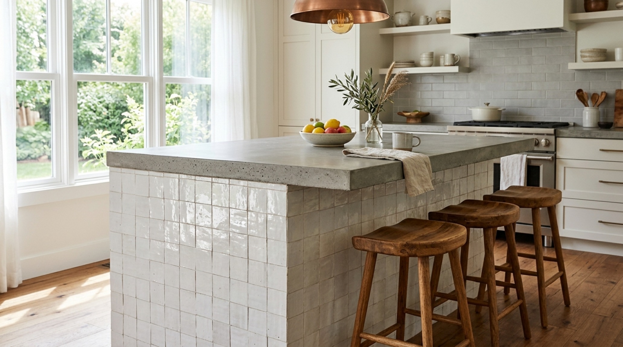 Zellige tile aesthetic used on a kitchen island base, creating a rhythmic and textured contrast against smooth concrete countertops. Zellige tile aesthetic used on a kitchen island base, creating a rhythmic and textured contrast against smooth concrete countertops.