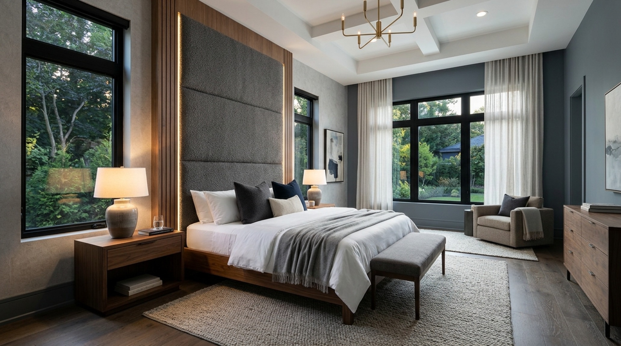 Modern designer bed frames in a minimalist loft setting with industrial architectural details and high-CRI 2700K atmospheric lighting.