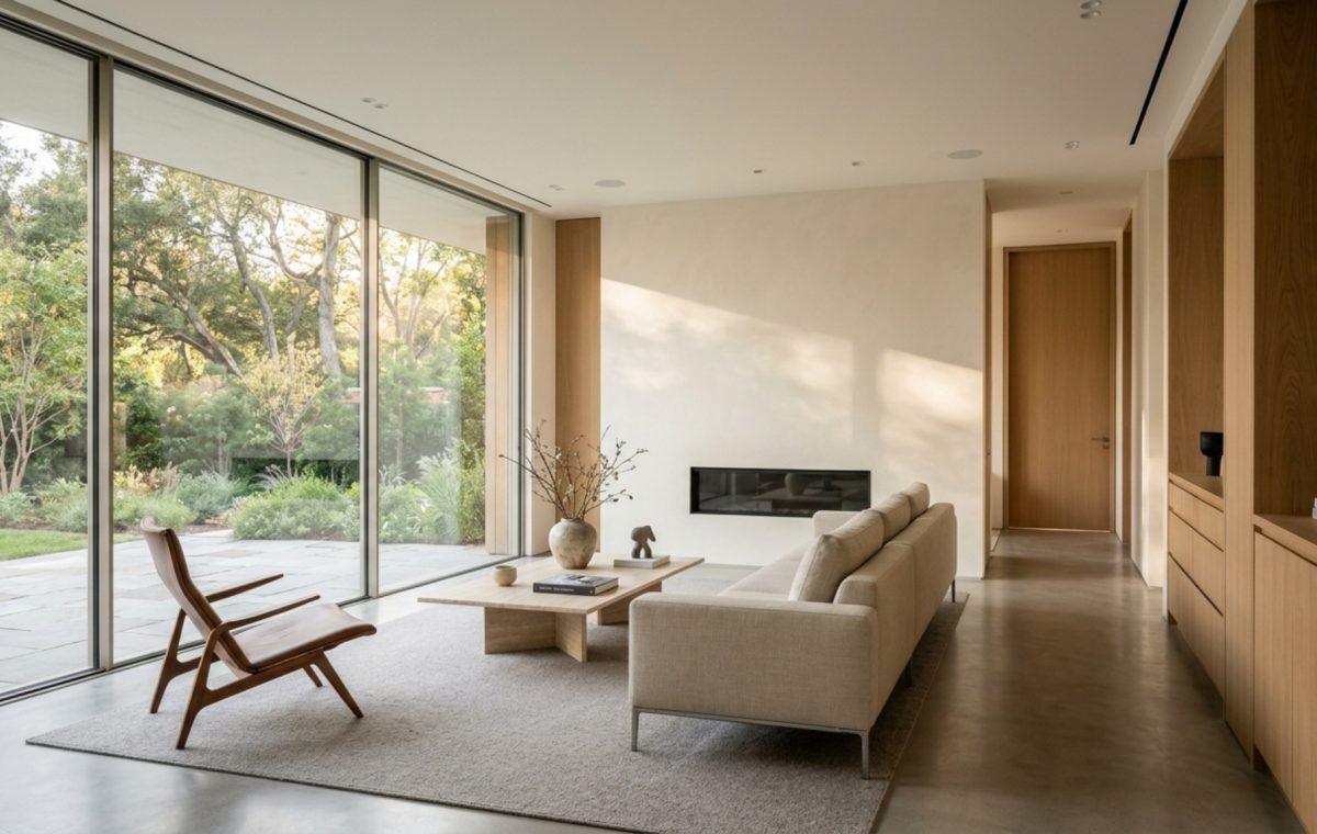 A wide-angle architectural shot of a living room showing 36-inch walkway clearances and perfect sightline alignment toward a minimalist garden view.