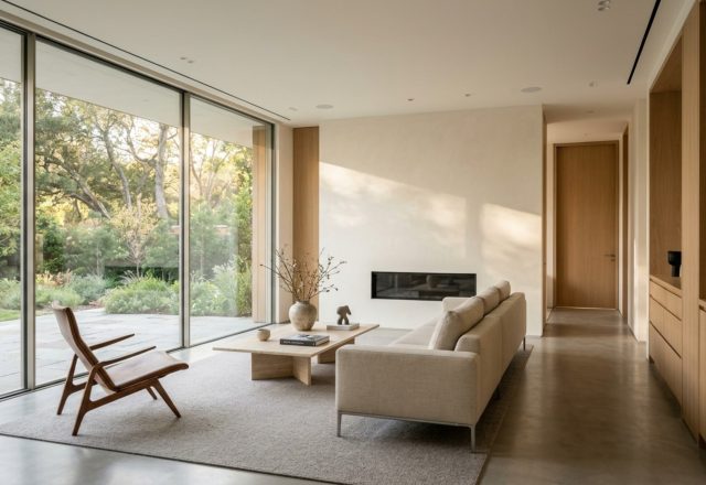 A wide-angle architectural shot of a living room showing 36-inch walkway clearances and perfect sightline alignment toward a minimalist garden view.