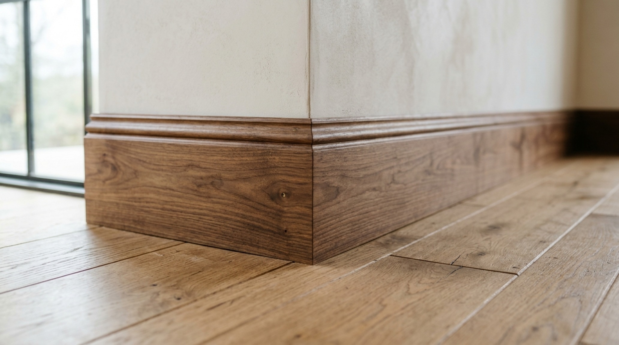 An architectural detail of a 12-inch high baseboard and hand-applied plaster finish, emphasizing structural precision and material quality.
