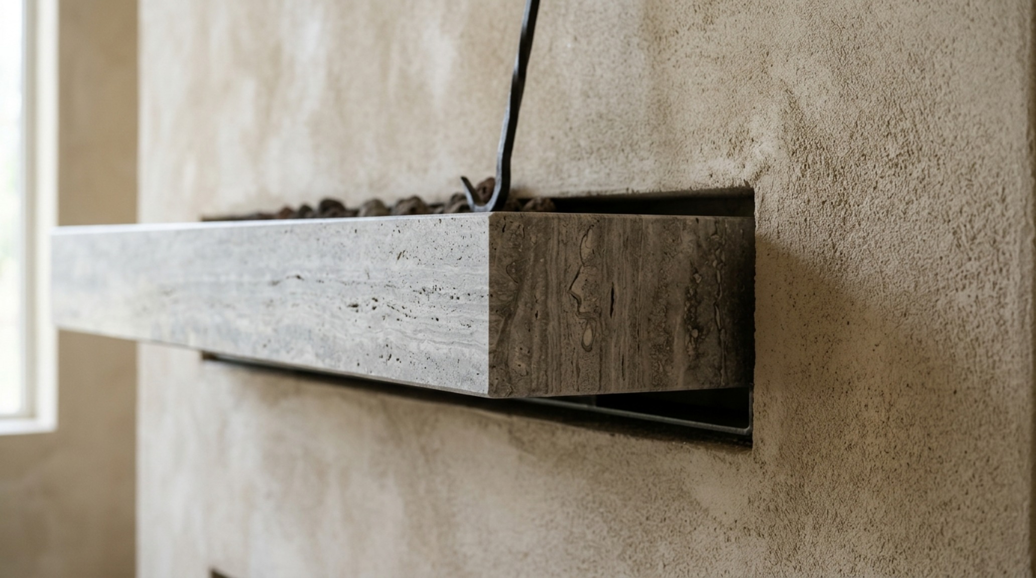 Detail of a floating honed travertine hearth with integrated steel supports, demonstrating the engineering behind modern what it takes to build an ideas.