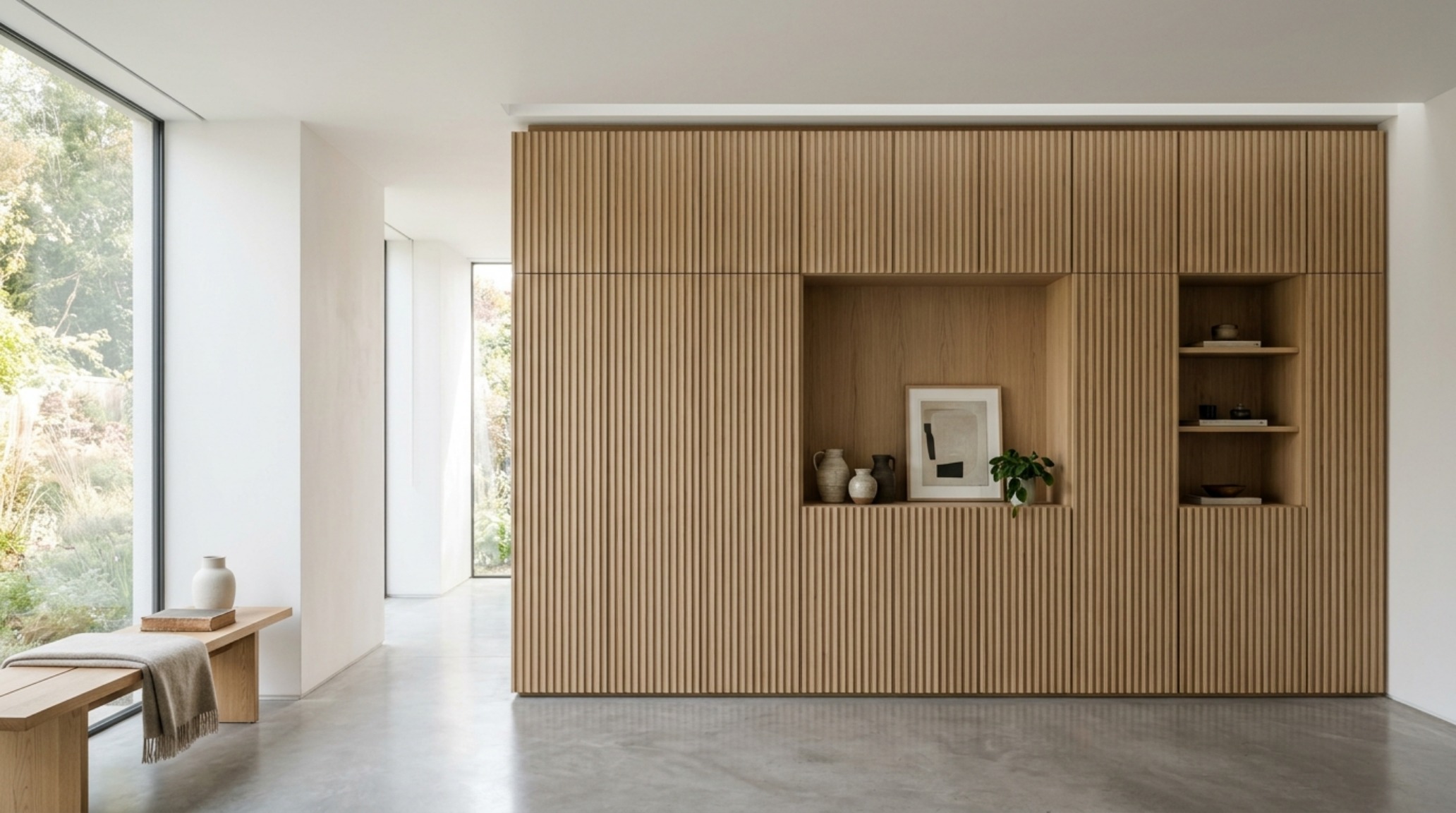Bespoke white oak built-in cabinetry featuring 1.618 Golden Ratio proportions and a recessed shadow gap for a quiet luxury aesthetic.