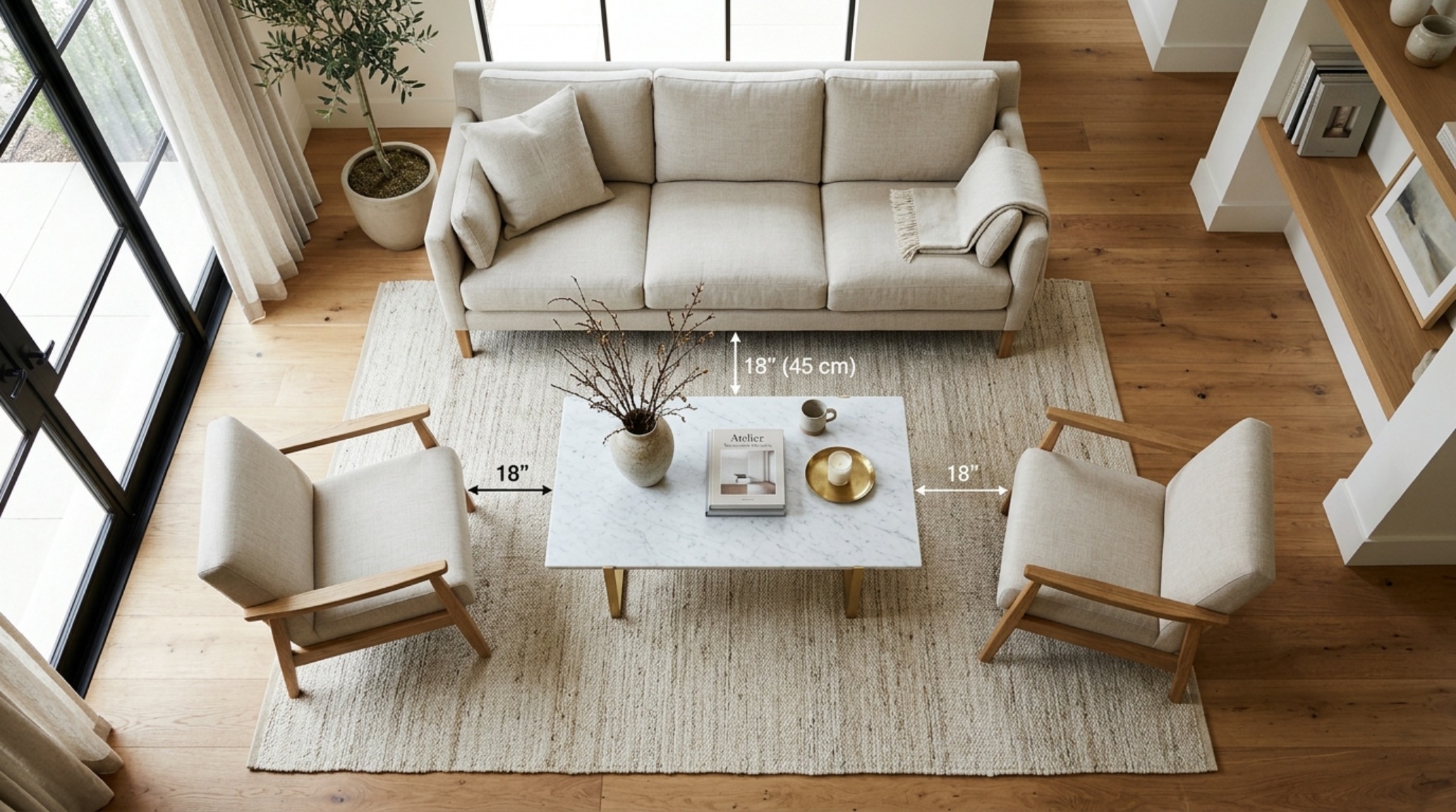 An overhead view of a living room layout illustrating the 18-inch coffee table reach and ergonomic spatial design standards.