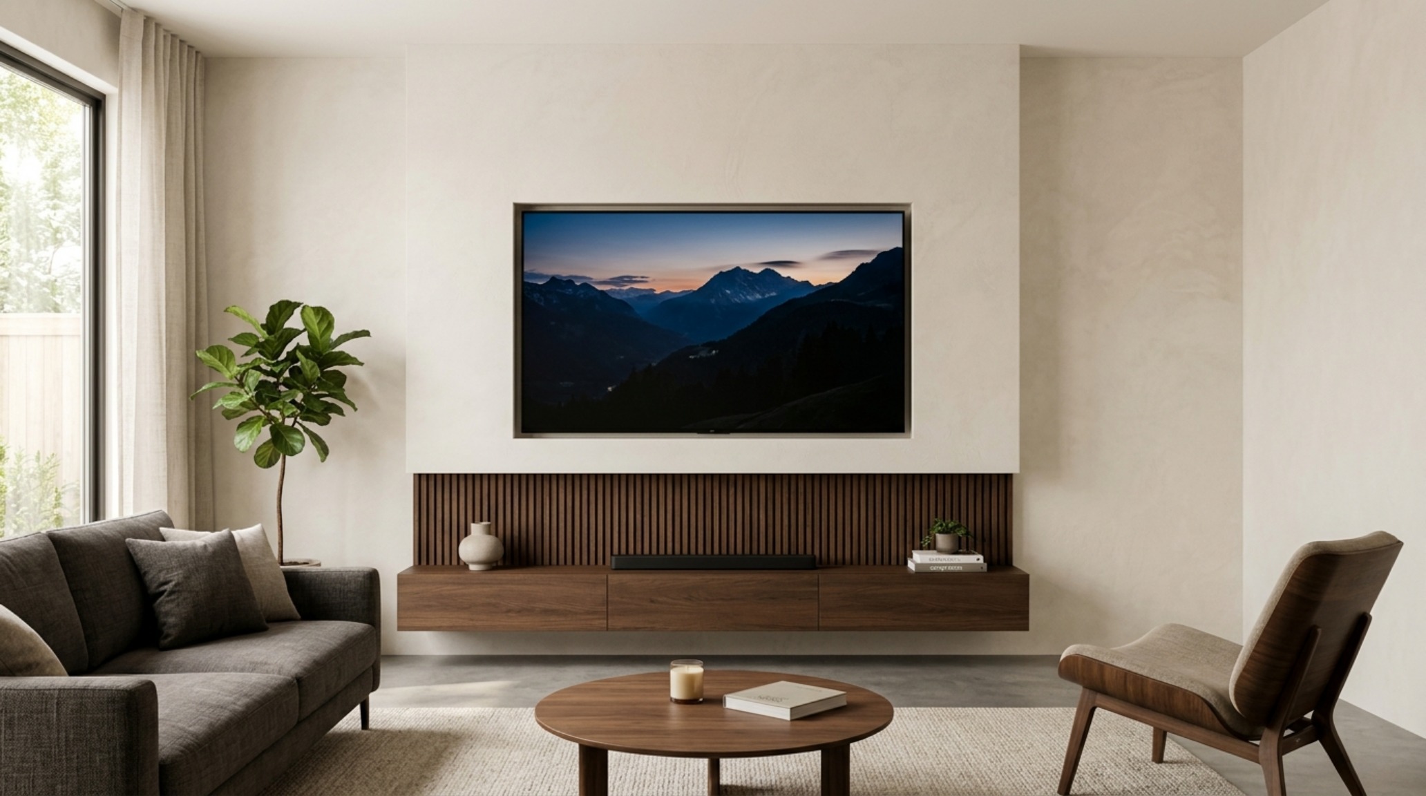 A recessed media wall with flush-mounted technology and custom acoustic panels, showcasing custom interior architecture and sleek integration.