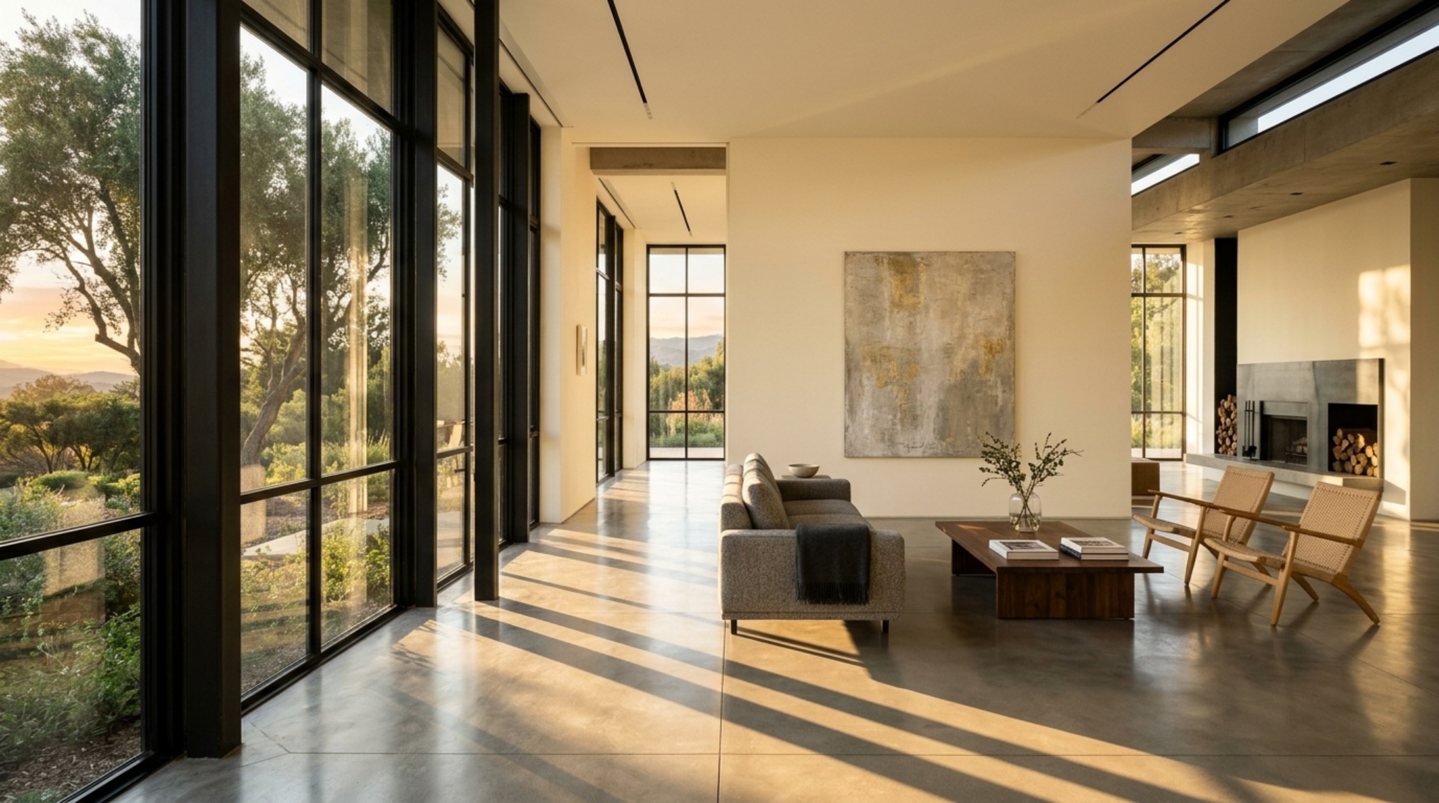 Natural sunlight creating shadow play across a living room with deep window reveals and high-end residential materials.