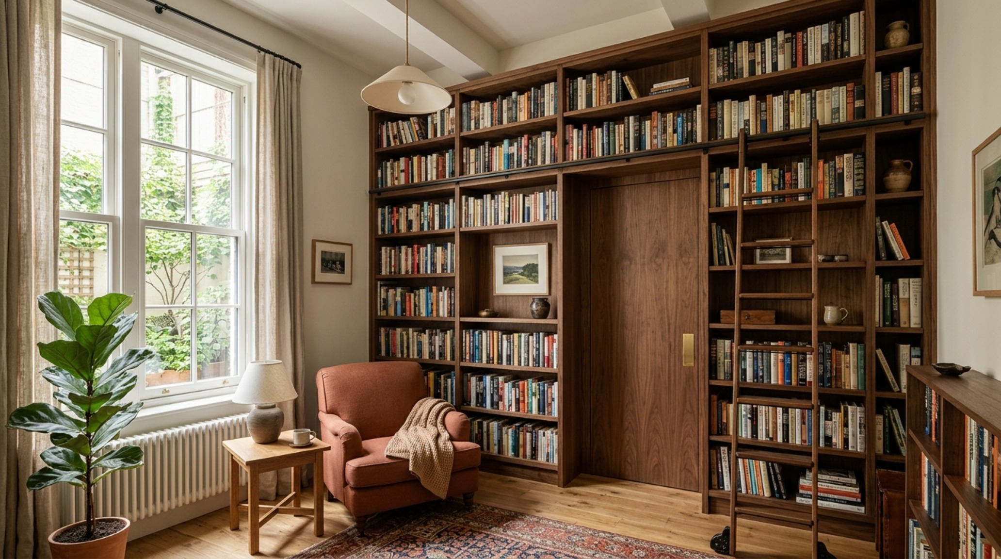 A cozy living room nook utilizing small space architectural flow with a bespoke corner fireplace and integrated seating.