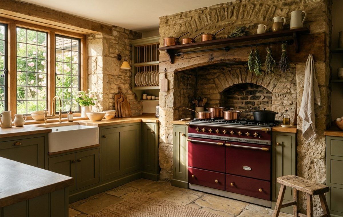 English country kitchen aesthetics featuring a Lacanche range in a deep burgundy, flanked by custom mantle corbels and aged stone backsplash.