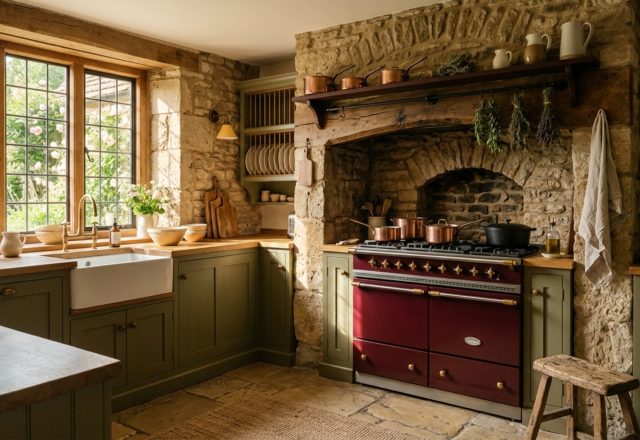 English country kitchen aesthetics featuring a Lacanche range in a deep burgundy, flanked by custom mantle corbels and aged stone backsplash.