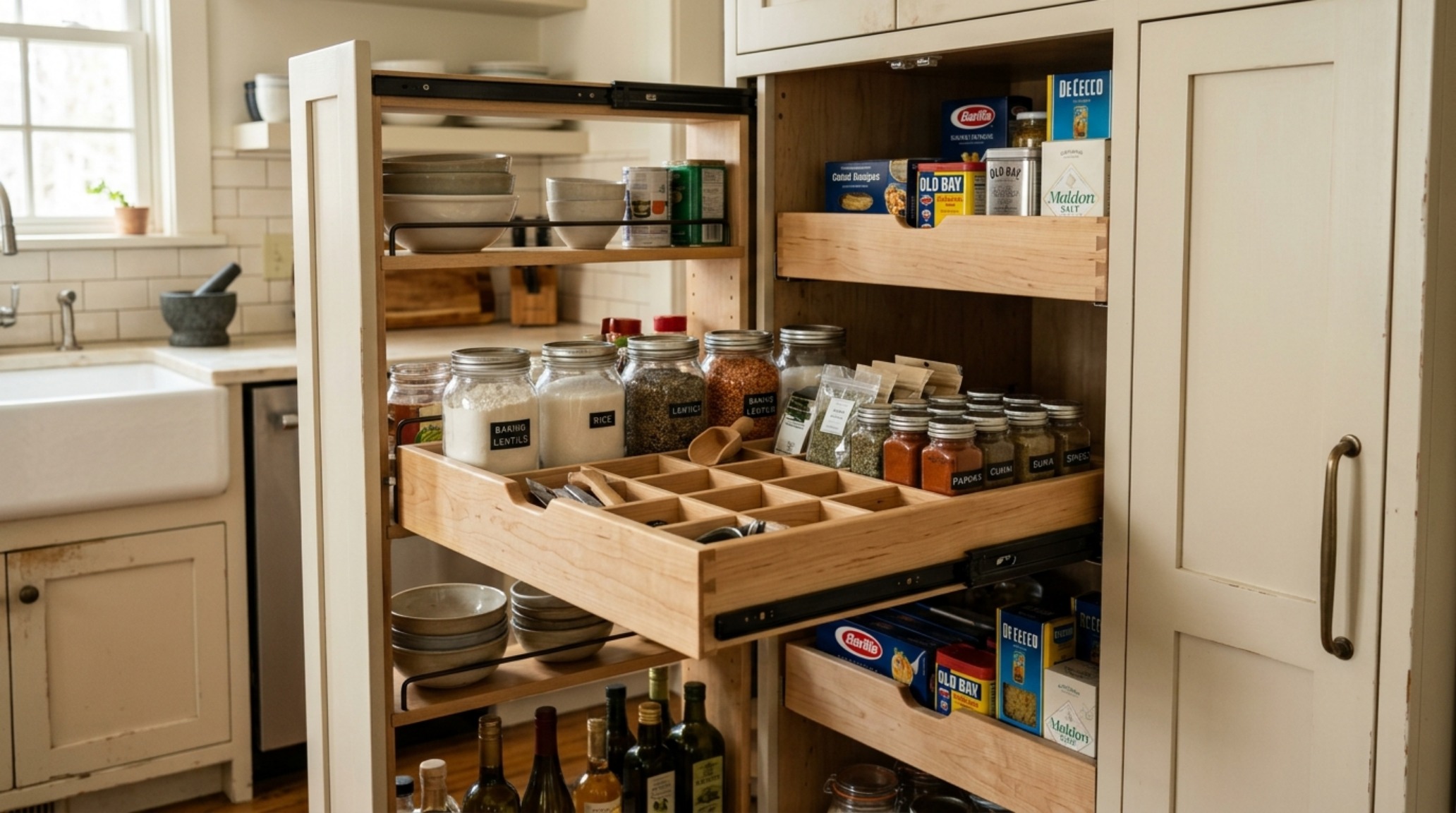 Shaker kitchen storage solutions featuring pull-out spice racks and hidden appliance garages within a deep green cabinetry run.