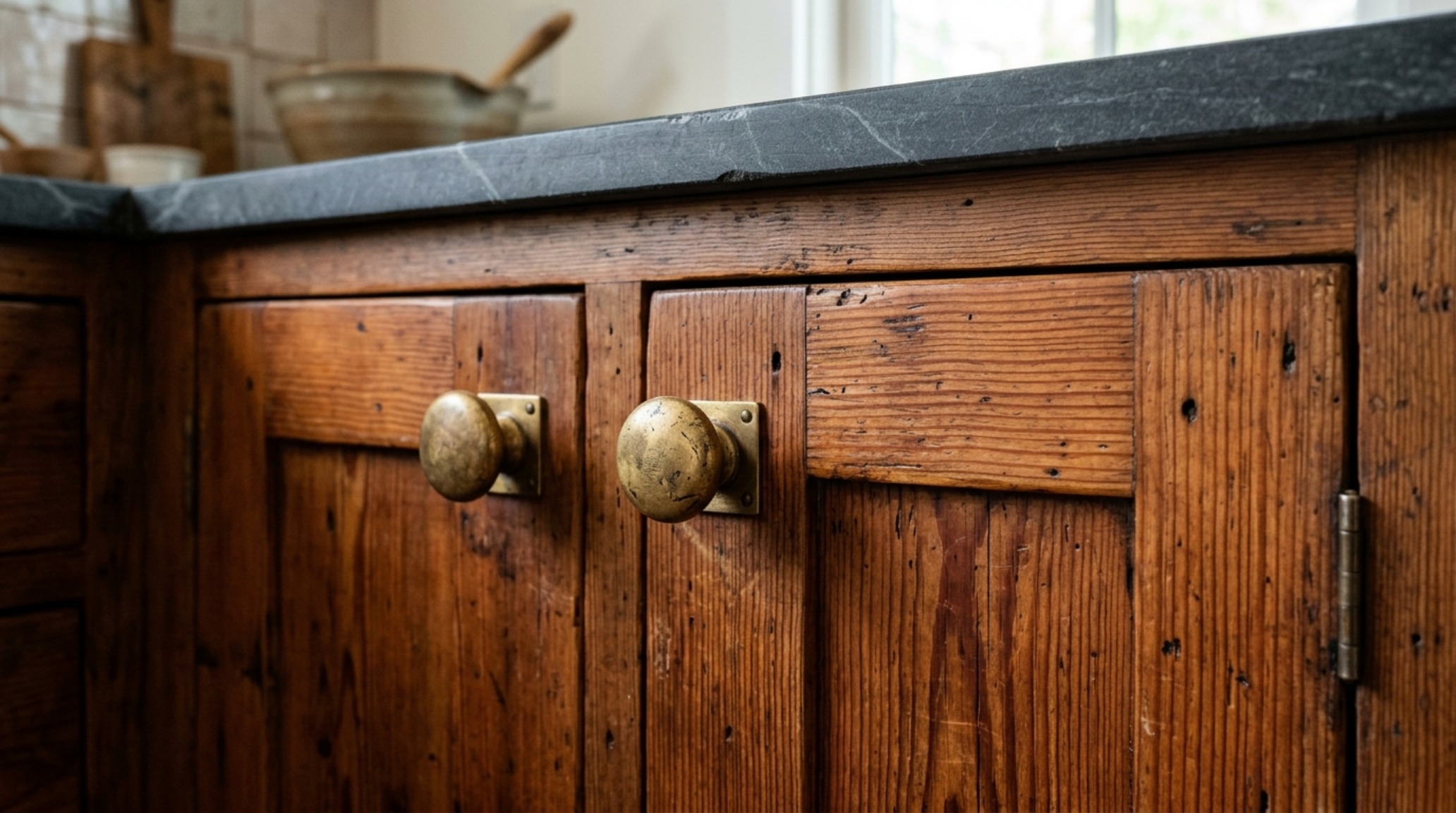 Reclaimed wood cabinetry details showing the authentic texture of salvaged timber paired with modern matte black hardware.