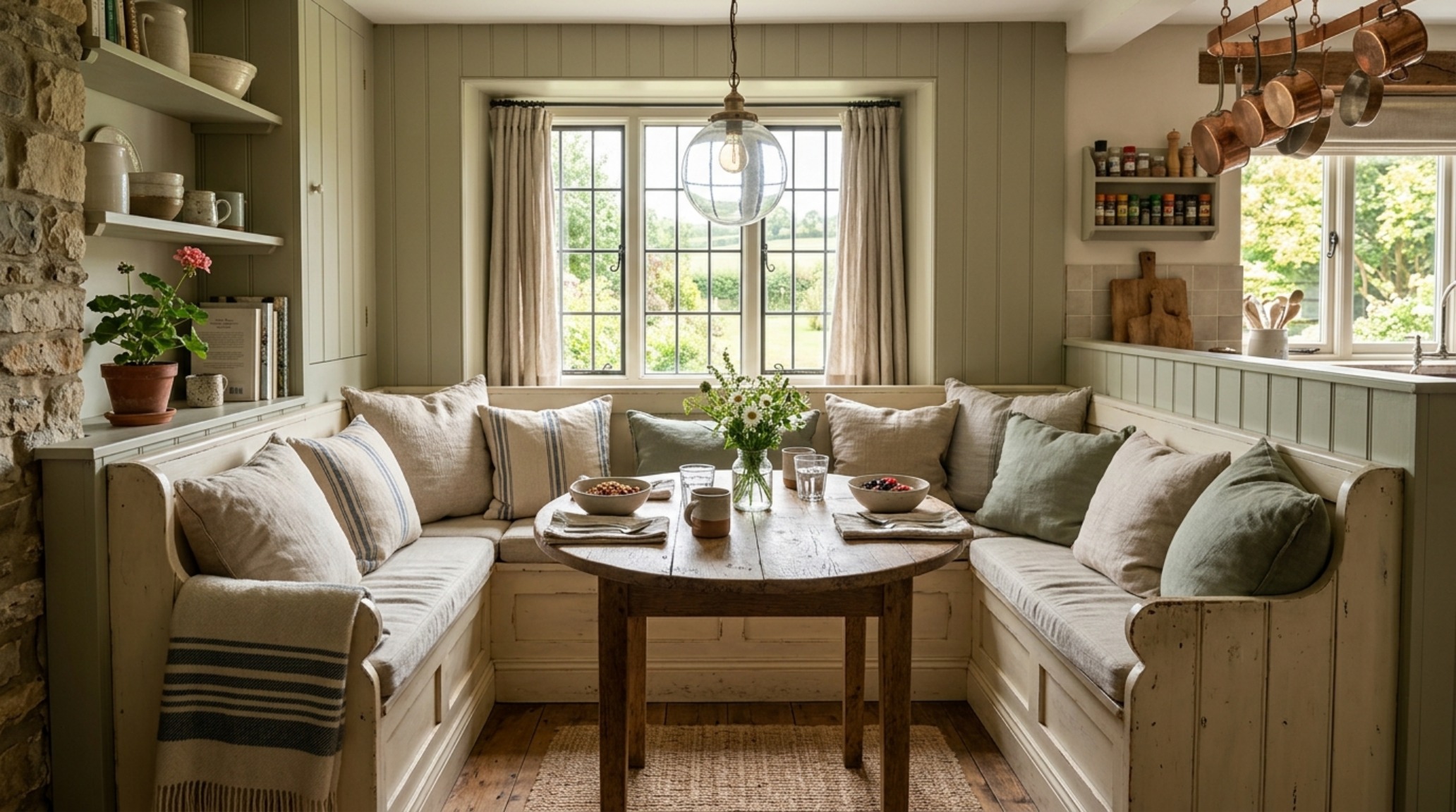 Small country kitchen layouts with a built-in banquette seating area and a reclaimed pine breakfast table in a sunlit corner.