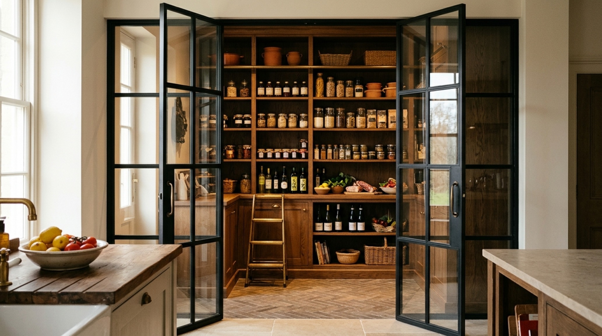 English country kitchen aesthetics highlighted by a large walk-in pantry with glass-fronted doors and antique brass handles.