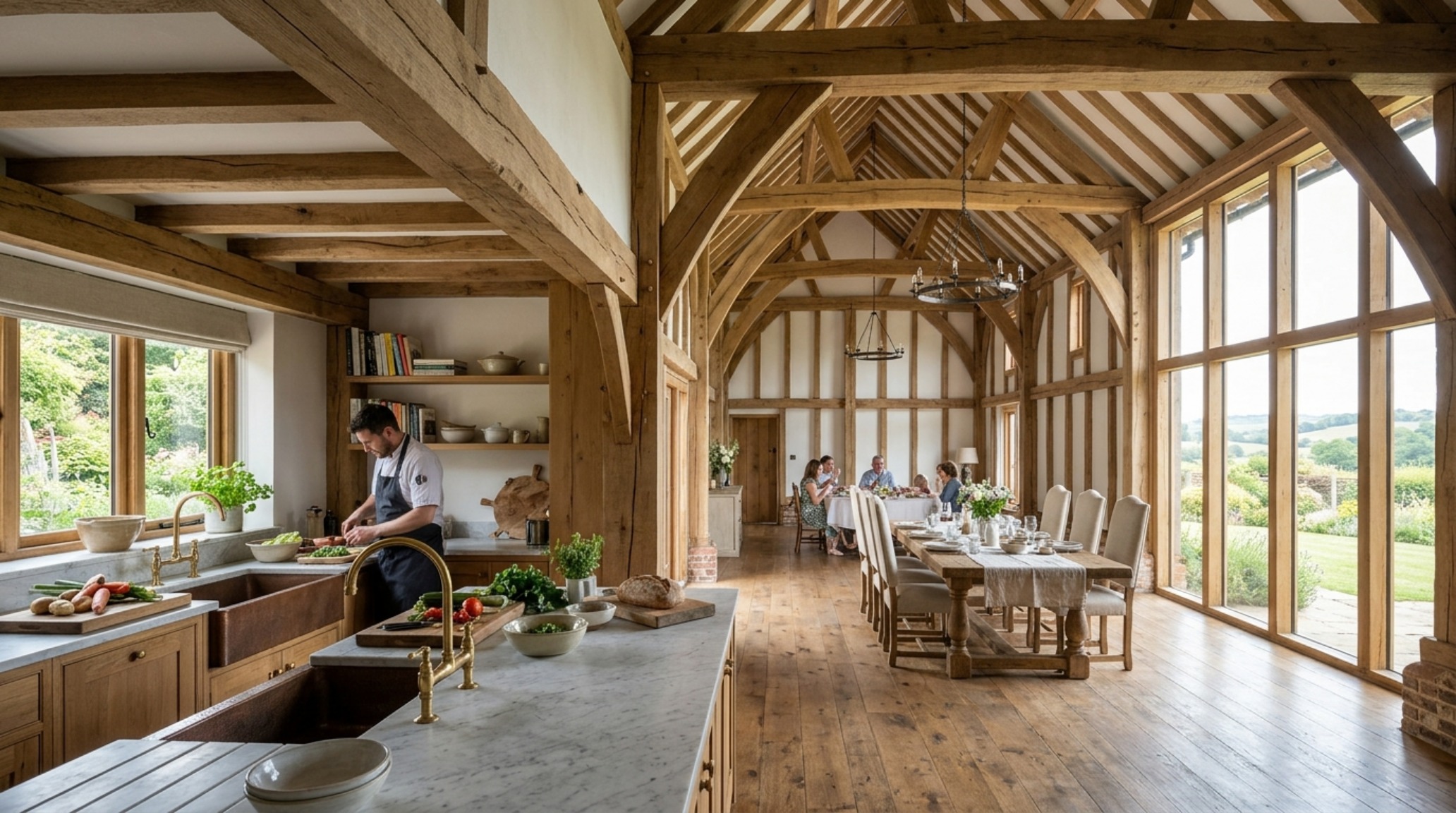 Modern country kitchen ideas emphasizing the spatial flow between the prep zone and a vaulted dining area with exposed beams.
