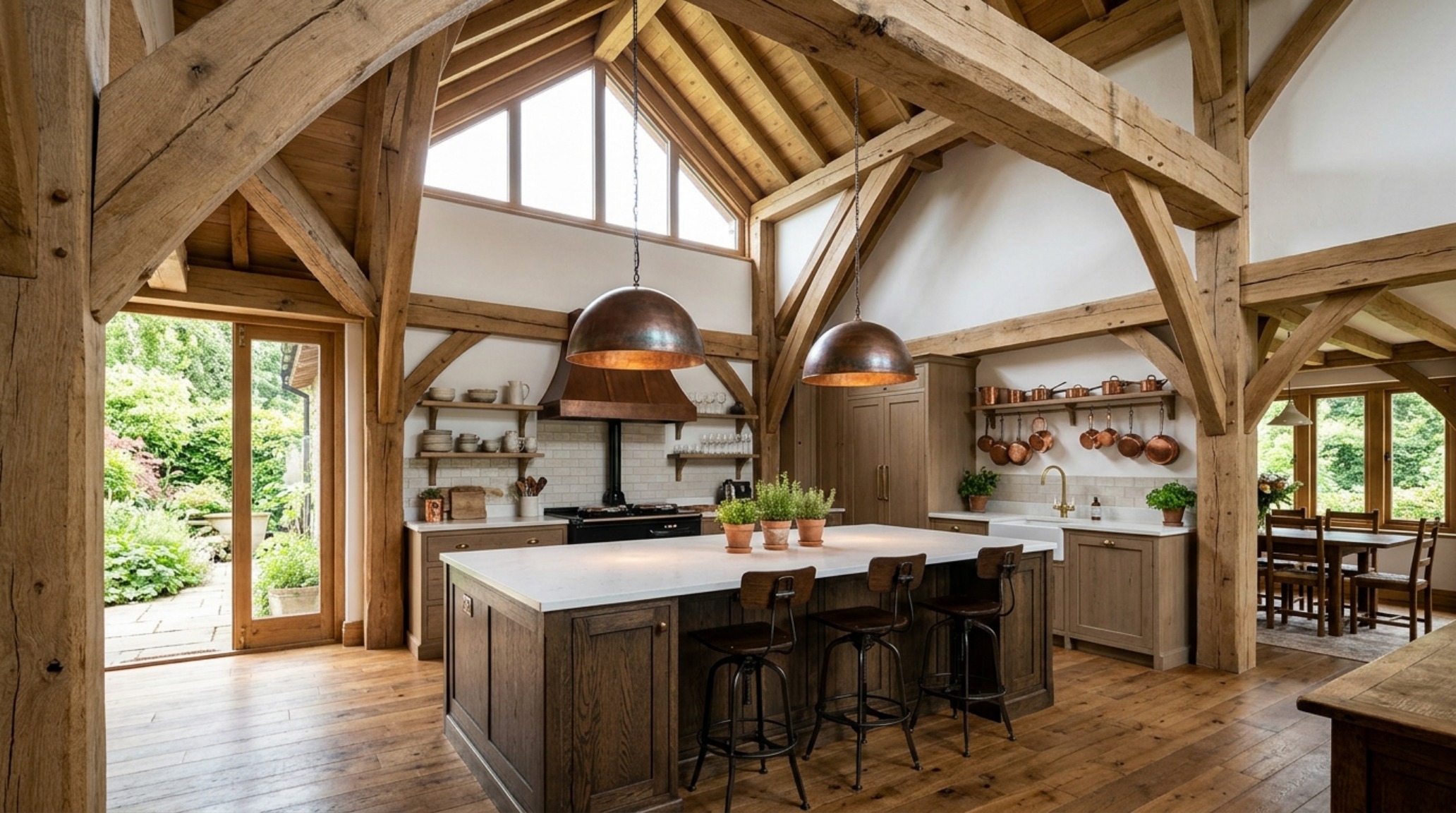 Modern country kitchen ideas showcasing vaulted ceilings with hand-hewn oak beams and oversized industrial pendants at 2700K.