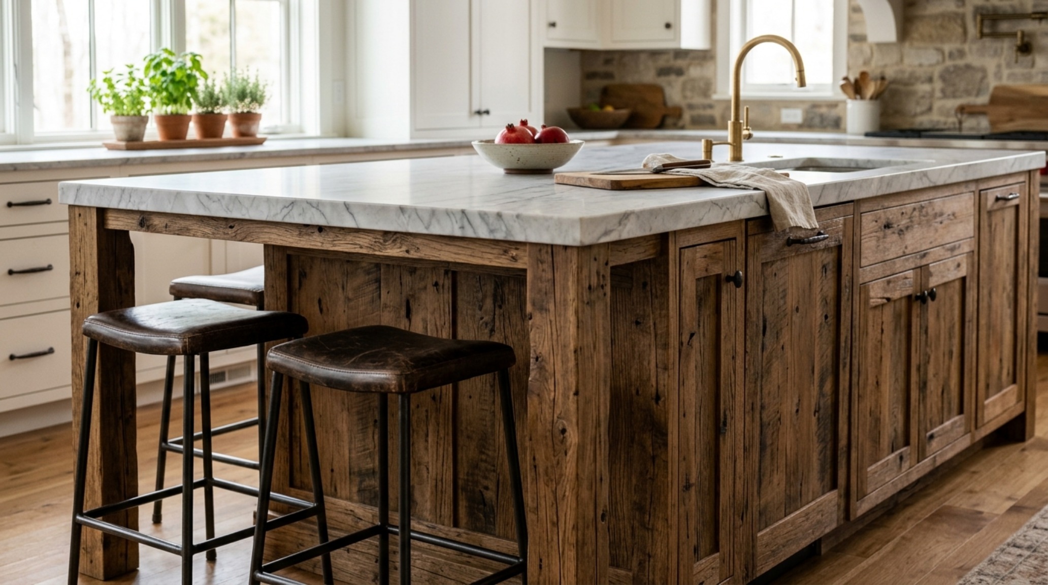 Reclaimed wood cabinetry islands with 15-inch seating overhangs and tactile grain patterns in an open-plan farmhouse kitchen.