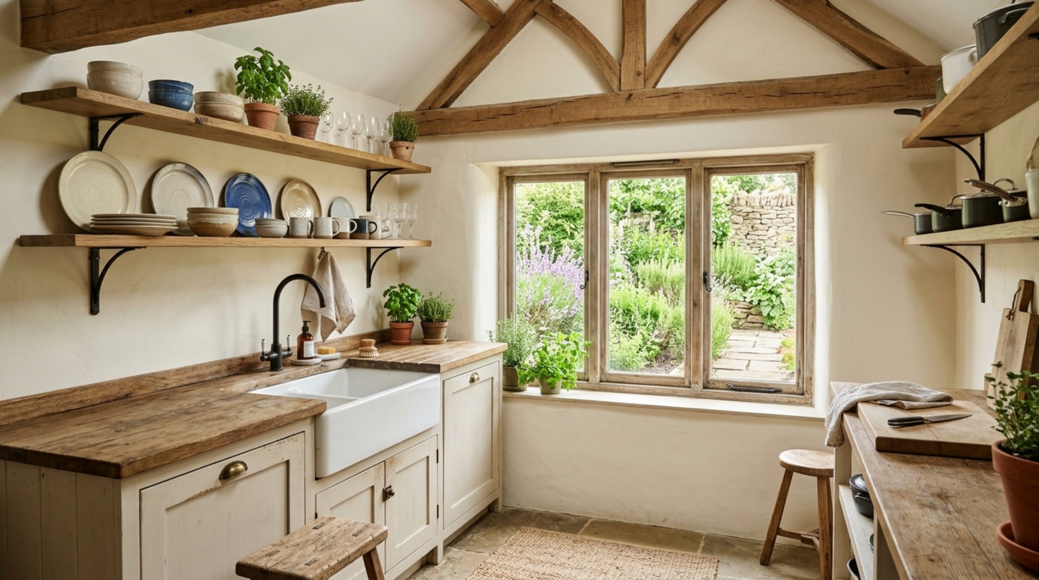 Small country kitchen layouts maximizing vertical space with open shelving, a compact apron-front sink, and warm 2700K lighting.