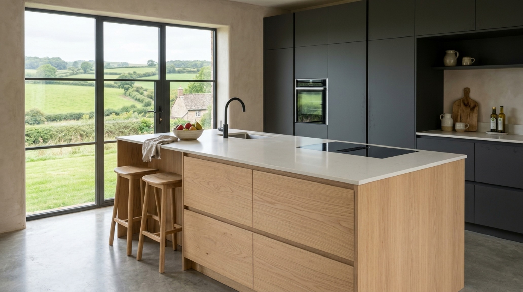 Modern country kitchen ideas with a minimalist white oak island and integrated hidden storage solutions for high-utility ergonomics.