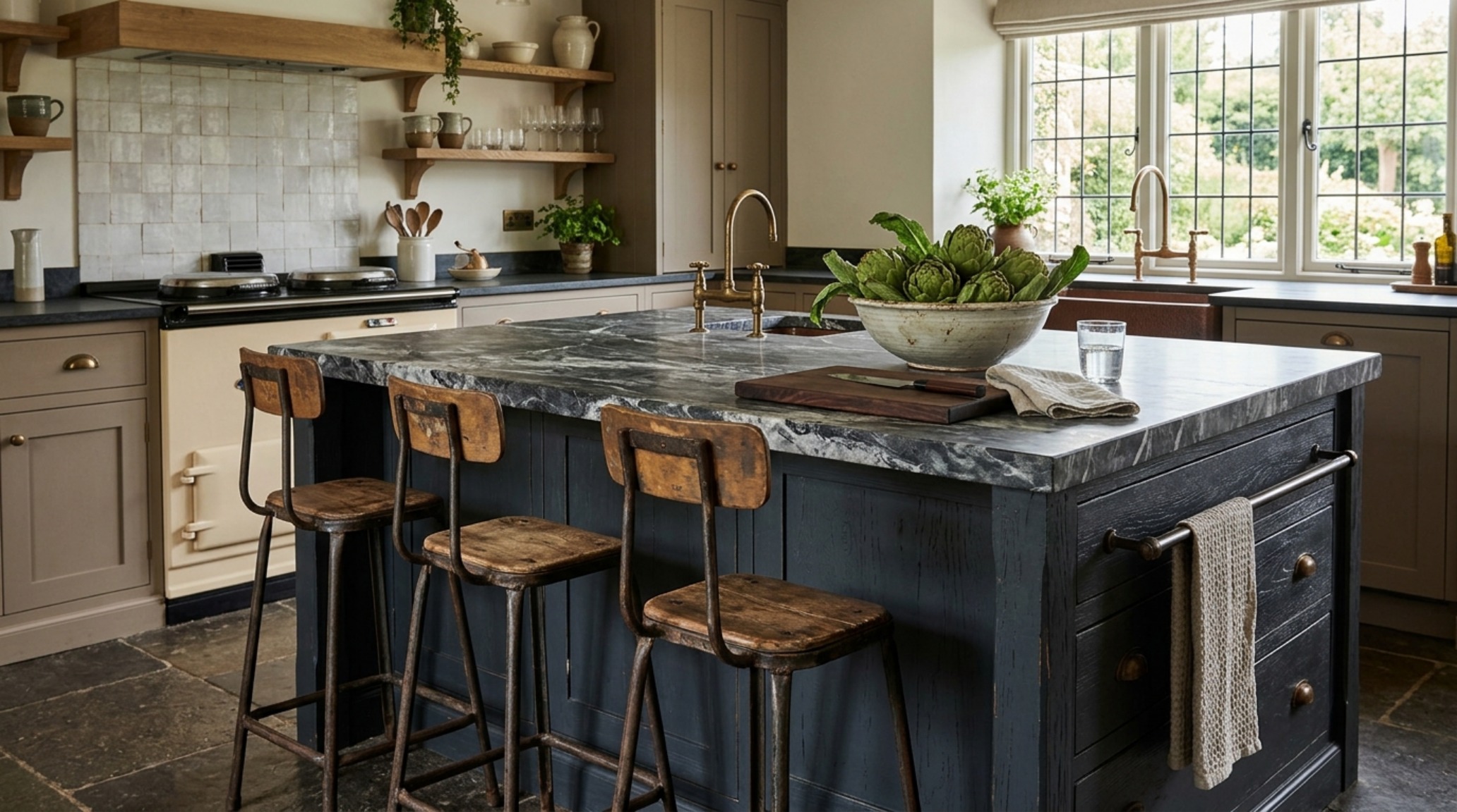 Dark rustic kitchen trends showcasing a charcoal-painted kitchen island with a white marble waterfall edge and vintage-style bar stools.