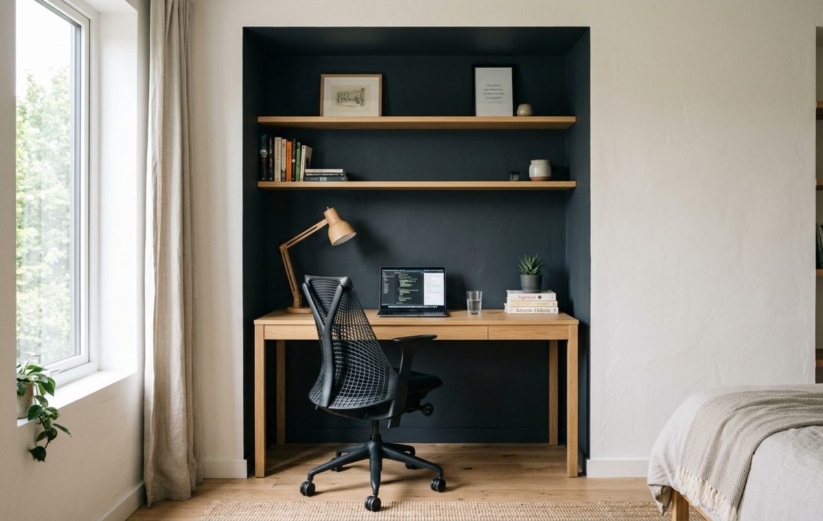 Zoning with paint colors in a teen bedroom featuring a deep charcoal study nook adjacent to a light-filled window and white oak desk.