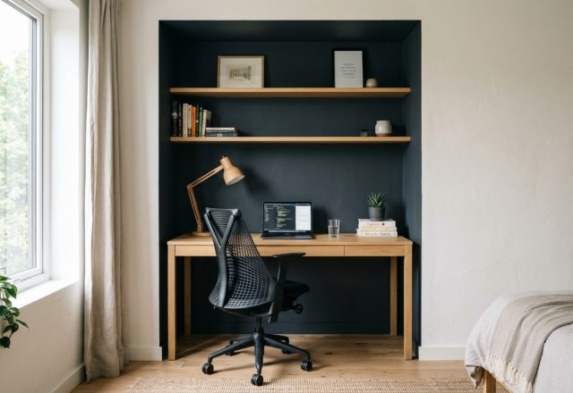 Zoning with paint colors in a teen bedroom featuring a deep charcoal study nook adjacent to a light-filled window and white oak desk.